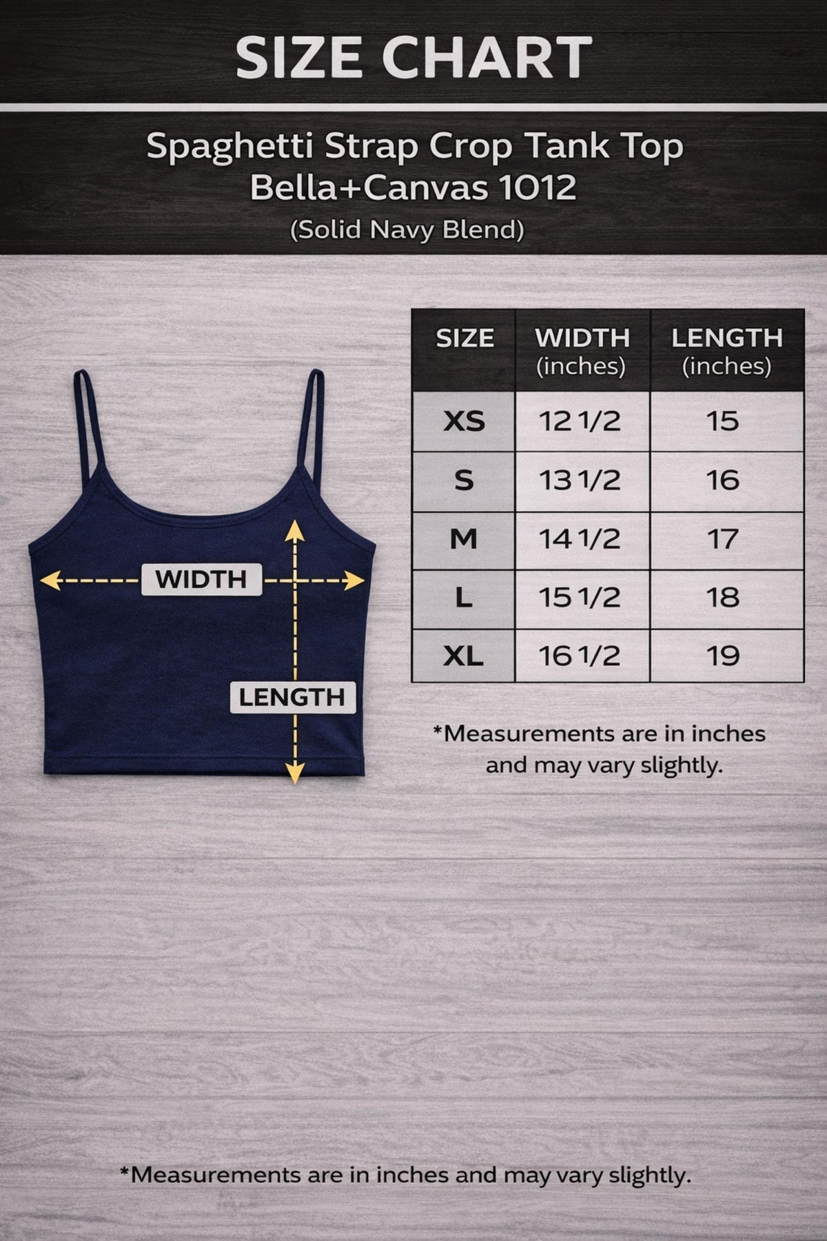 Size chart for a Stay In Your Lane graphic camisole tank with distressed gothic statement print