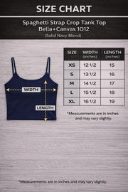 Size chart for a Stay In Your Lane graphic camisole tank with distressed gothic statement print