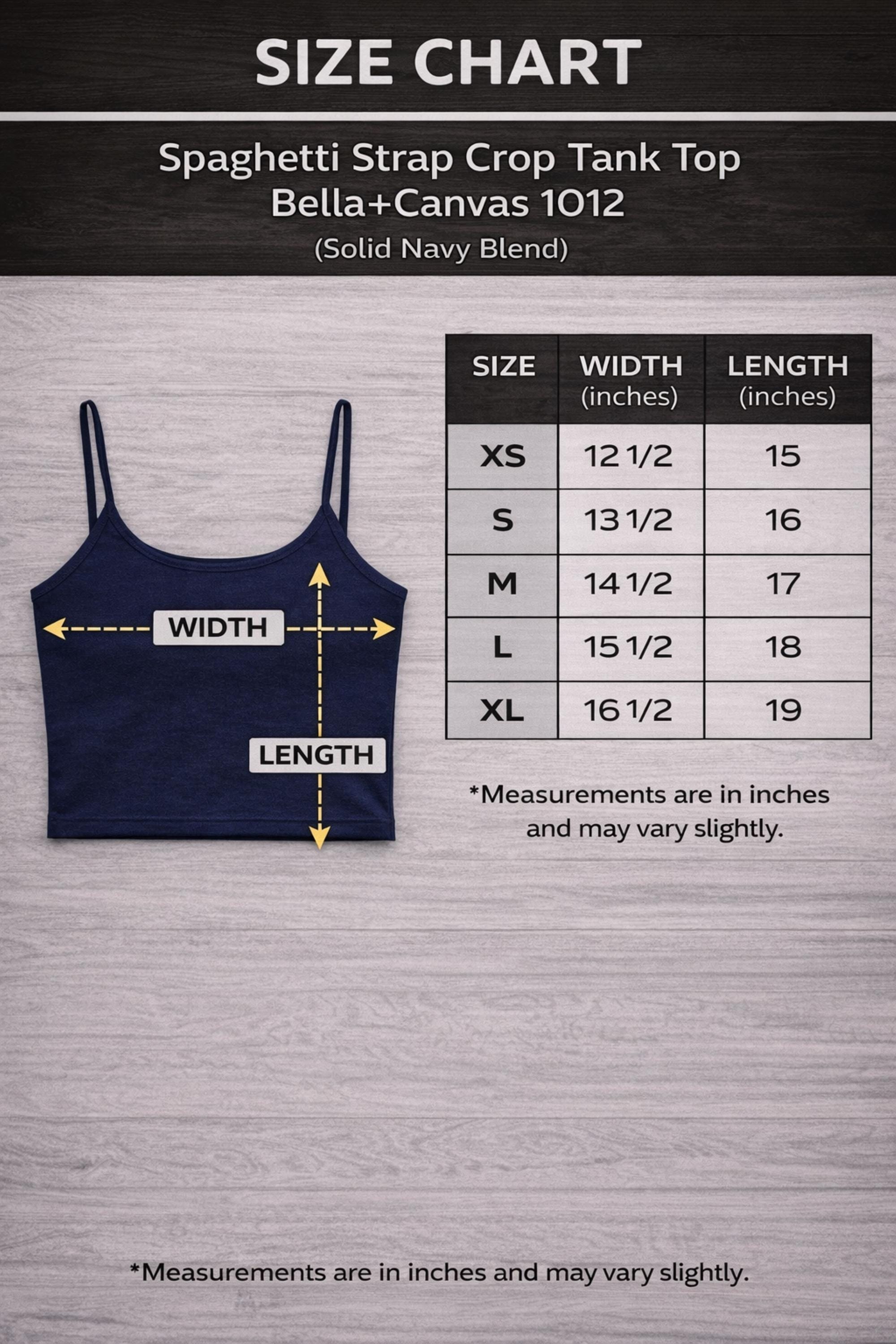 Size chart for a Stay In Your Lane graphic camisole tank with distressed gothic statement print