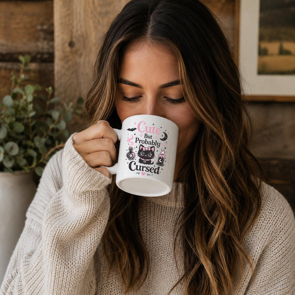 Woman sipping from Cute But Probably Cursed ceramic coffee mug in warm cozy rustic setting