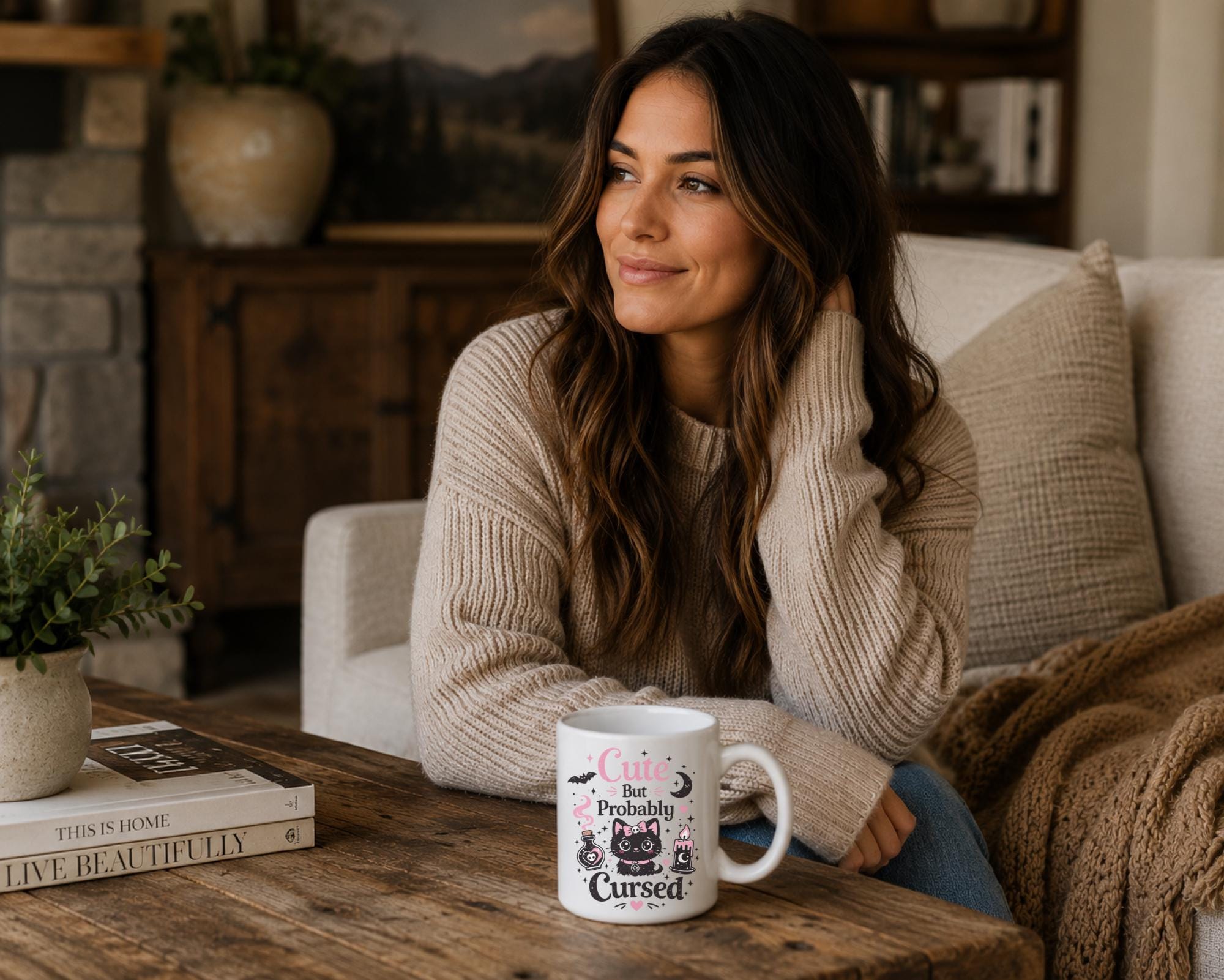 Cute But Probably Cursed ceramic mug on rustic coffee table with cozy living room lifestyle mockup