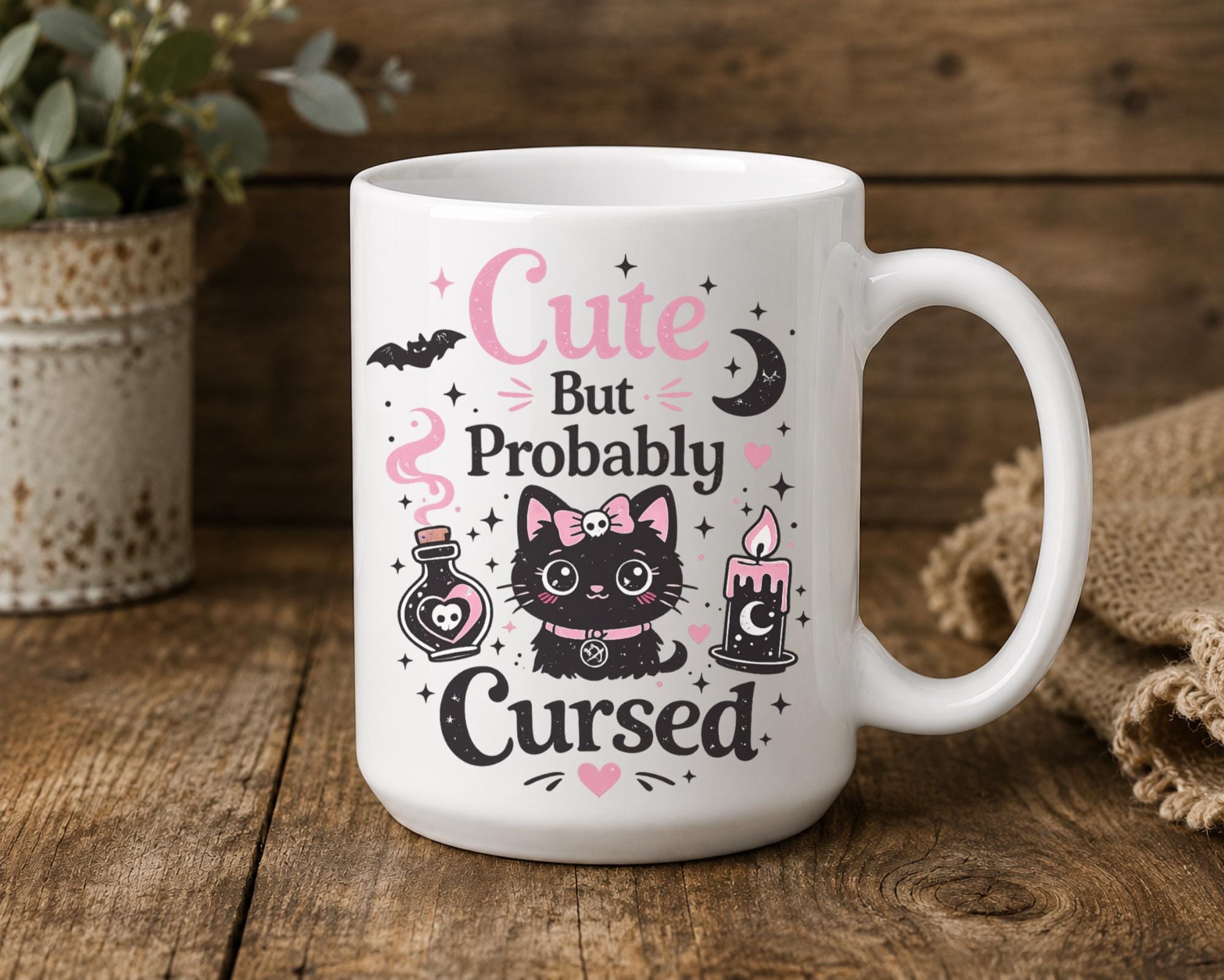 Spooky cute gothic coffee mug styled in rustic farmhouse coffee setup with cozy neutral decor