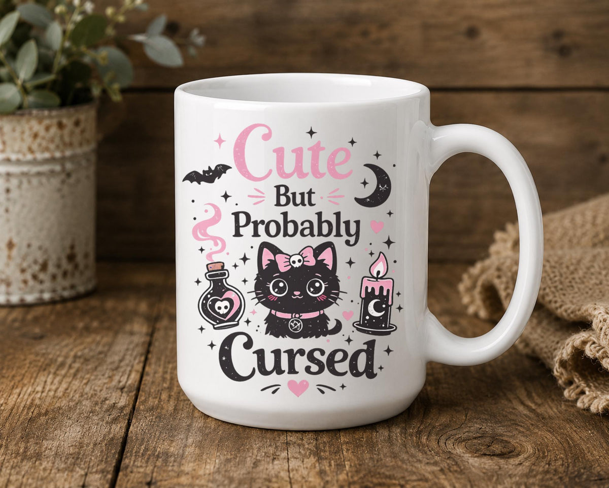 Spooky cute gothic coffee mug styled in rustic farmhouse coffee setup with cozy neutral decor