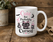 Spooky cute gothic coffee mug styled in rustic farmhouse coffee setup with cozy neutral decor