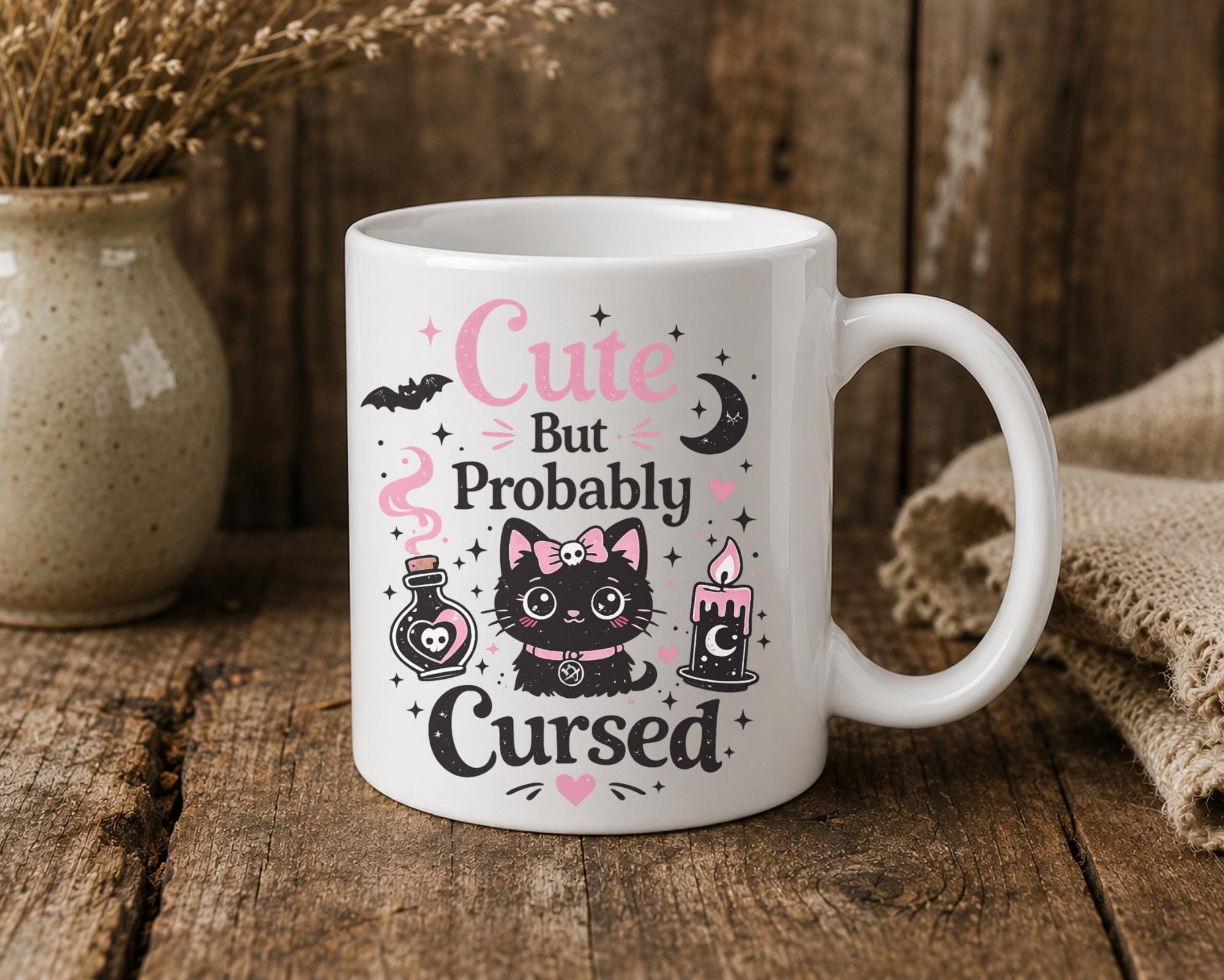 Funny gothic ceramic coffee mug gift for witchy cat lovers with dark humor spooky design