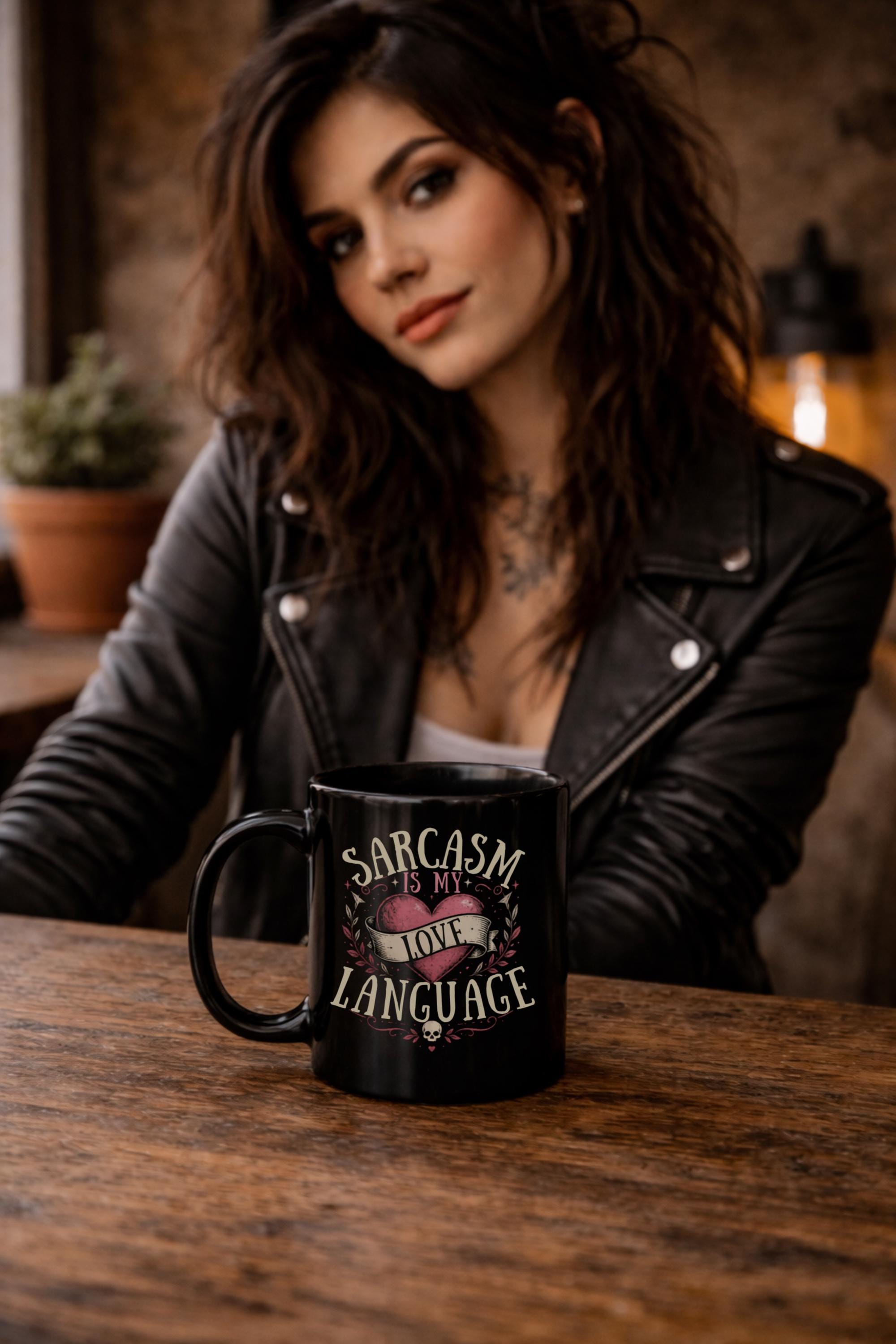 Black ceramic mug with sarcasm is my love language gothic heart design on rustic moody background with candle decor