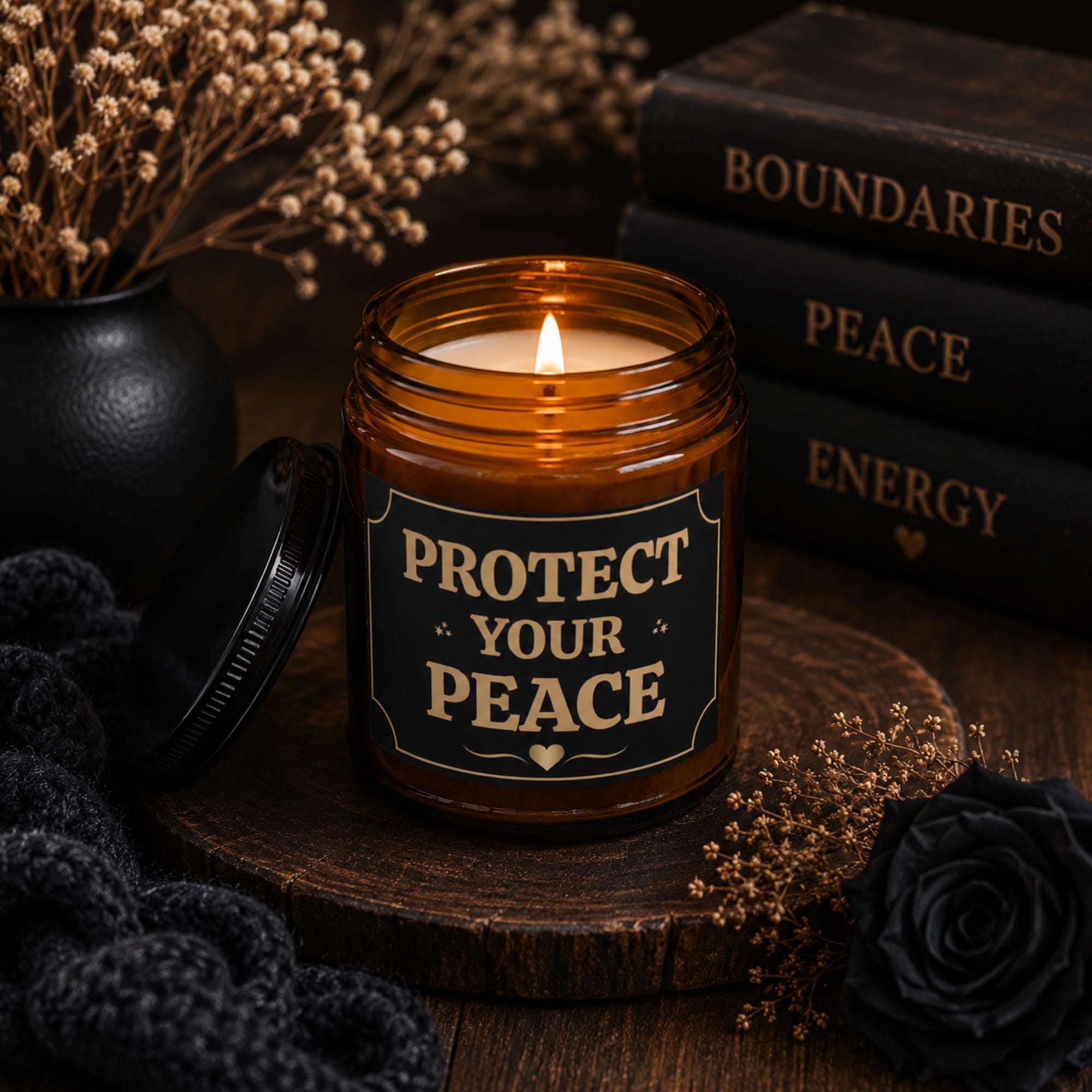 Amber glass candle with black and gold Protect Your Peace label in moody dark aesthetic setting with books and dried florals.