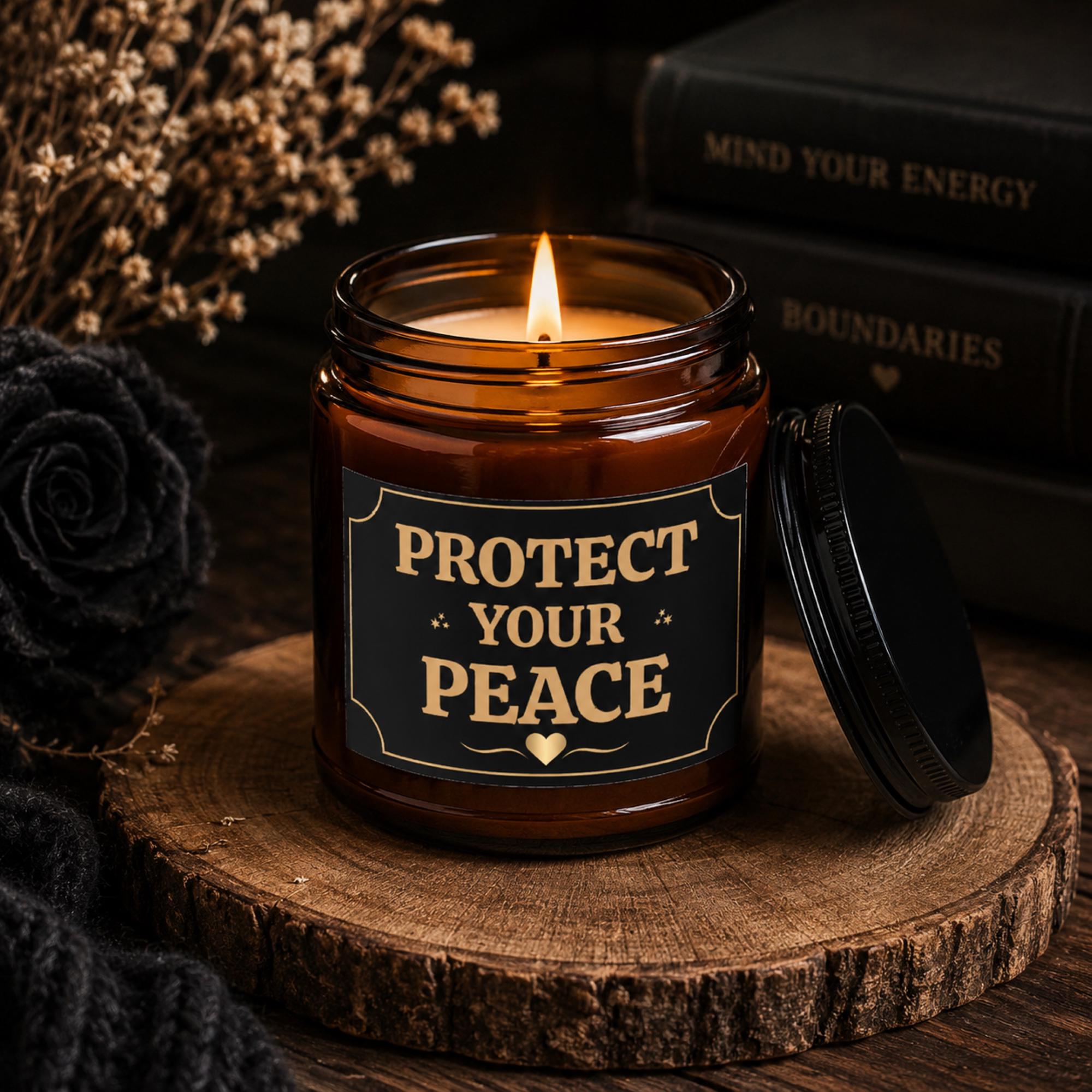 Amber glass candle with black and gold Protect Your Peace label in moody dark aesthetic setting with books and dried florals.