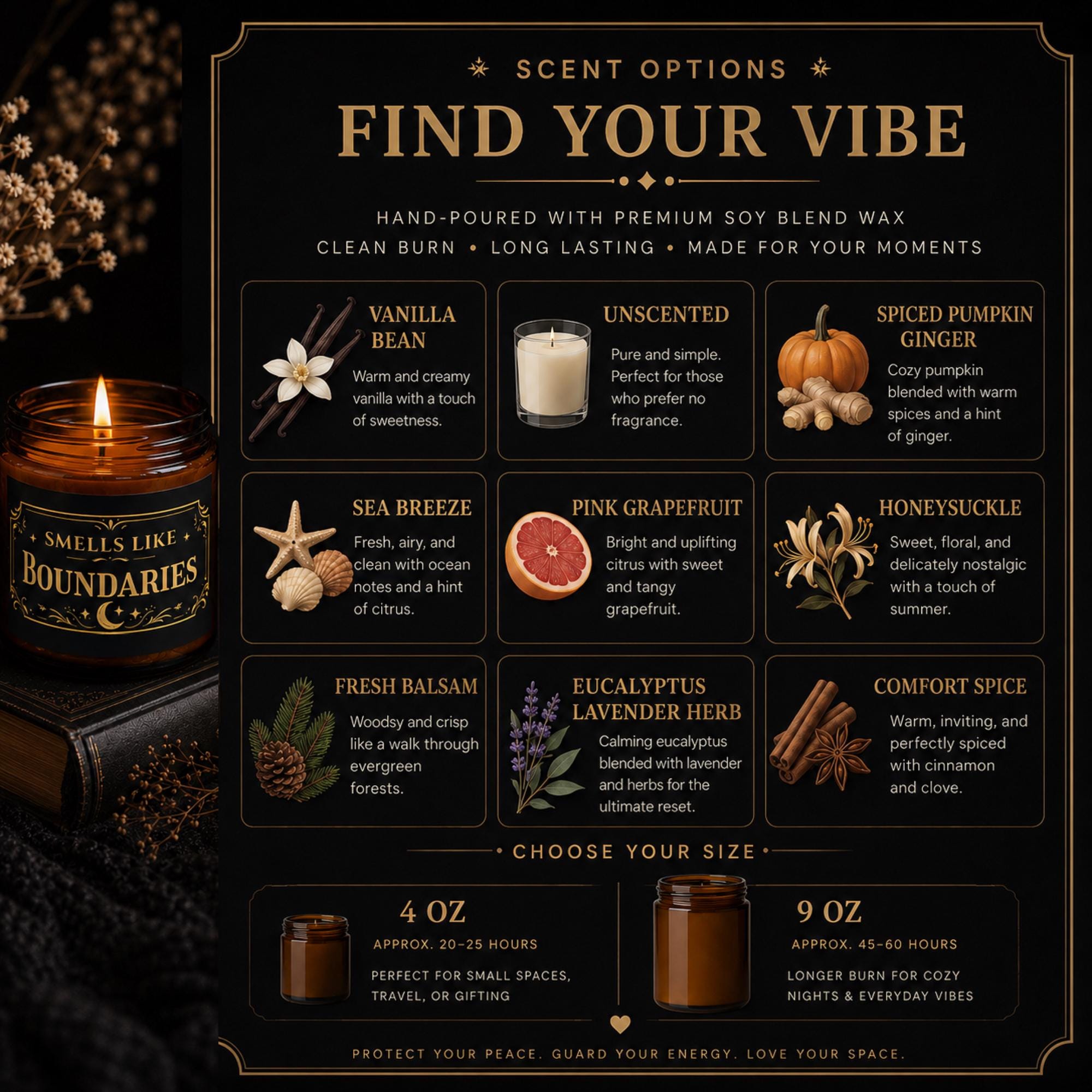 Candle scent options chart showing vanilla bean, sea breeze, pink grapefruit, fresh balsam and more
