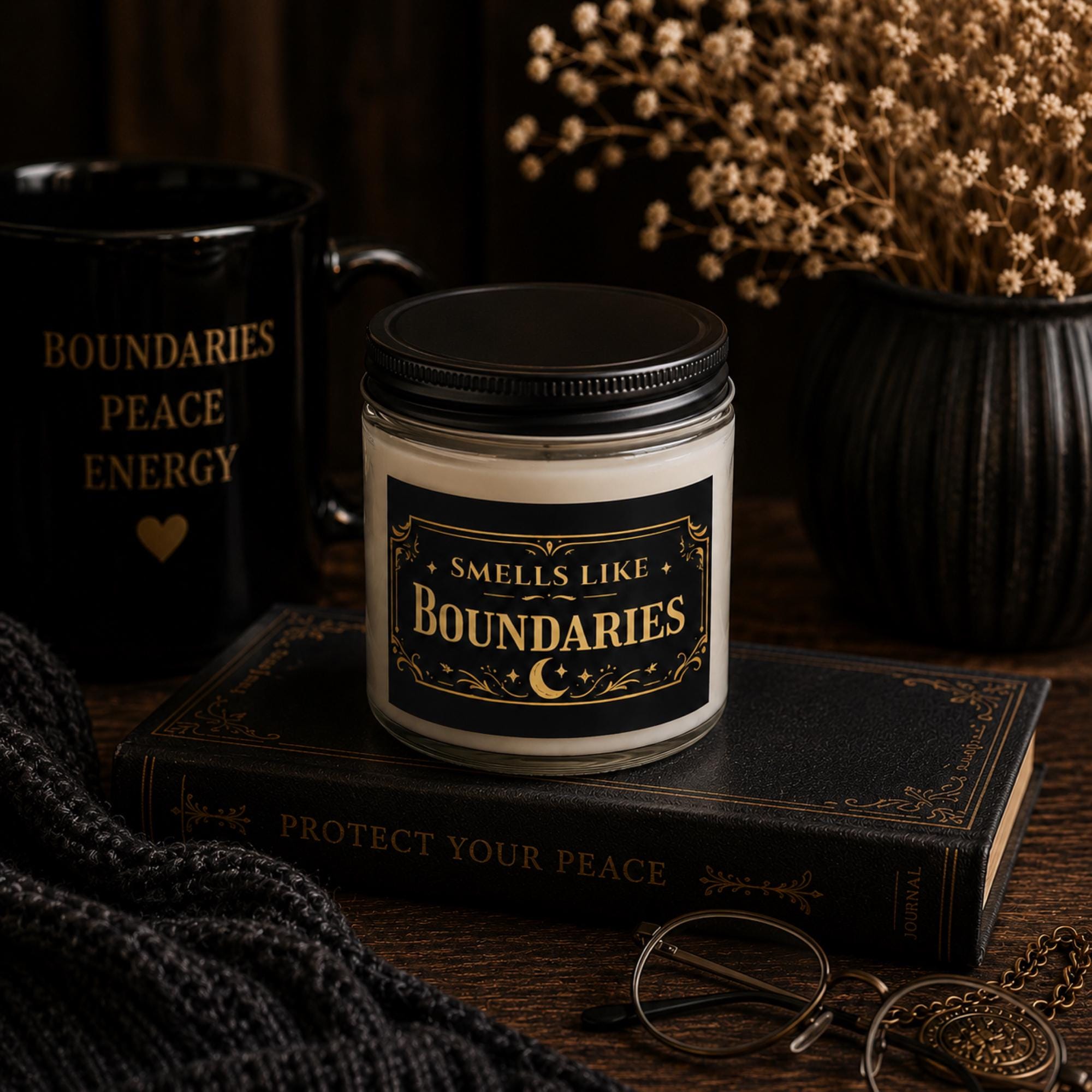 Smells Like Boundaries candle with lid on, cozy dark aesthetic home decor gift in amber glass jar