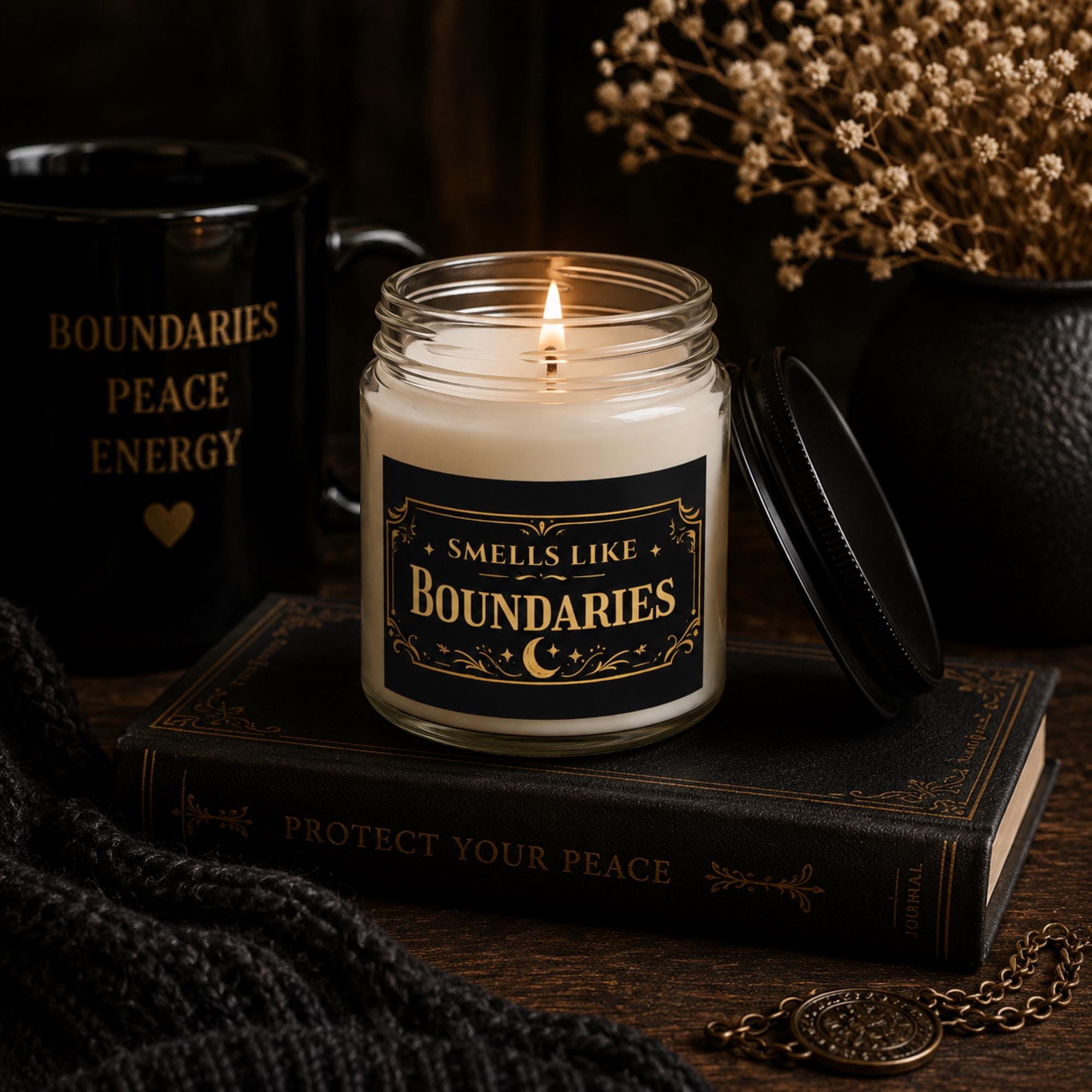Smells Like Boundaries soy candle in amber glass jar with gothic black and gold label, self care gift