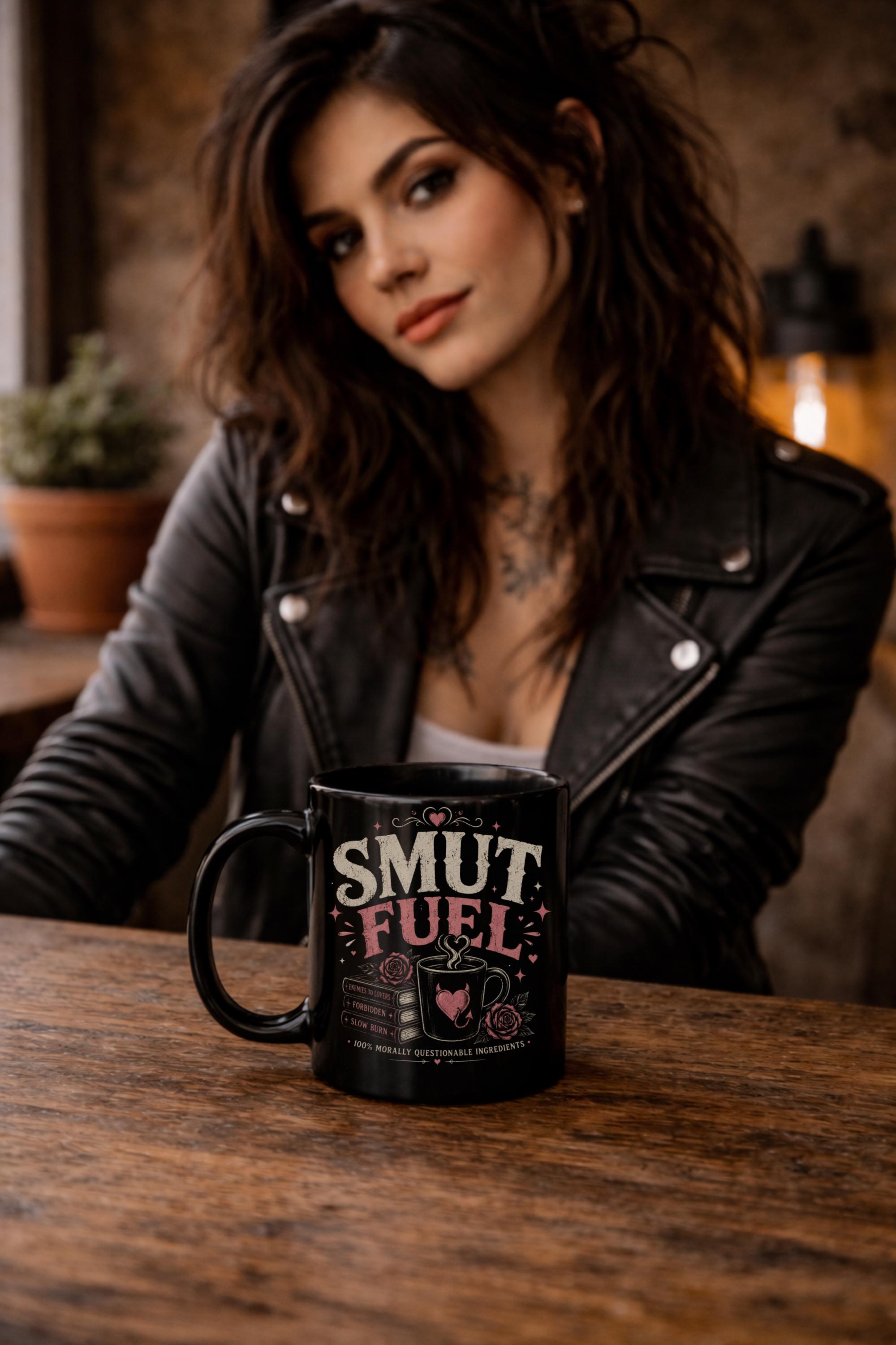 Black coffee mug with funny spicy book lover design featuring Fueled by Smut & Caffeine artwork
