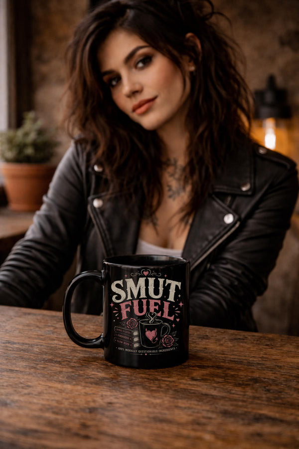 Black coffee mug with funny spicy book lover design featuring Fueled by Smut & Caffeine artwork