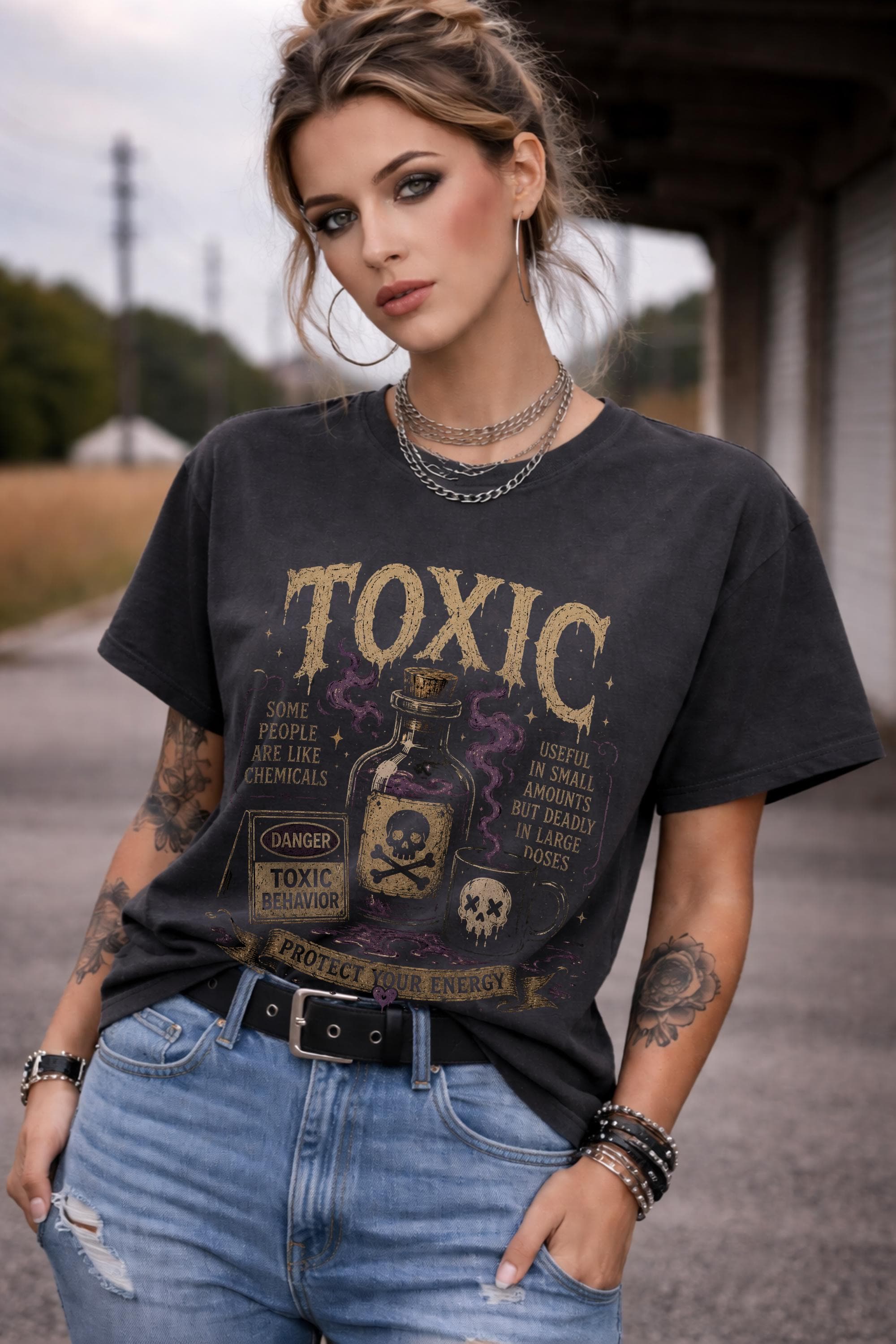 Protect your energy sarcastic graphic tee mockup with gothic poison label inspired design