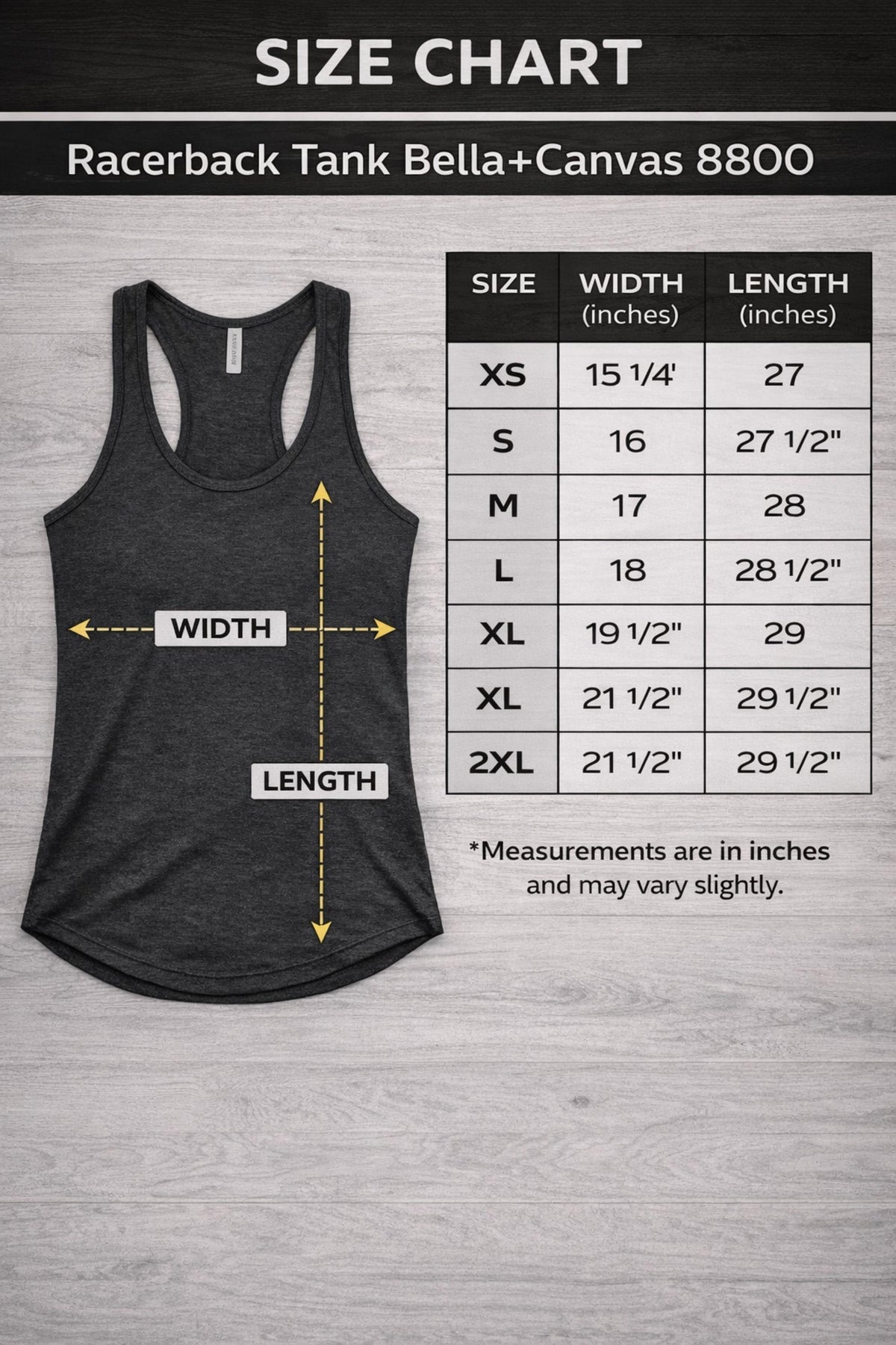 Size chart for the tank top featuring colorful retro flamingo graphic with Sun Sand Salad Zero Fcks Given summer vacation design against urban industrial background.