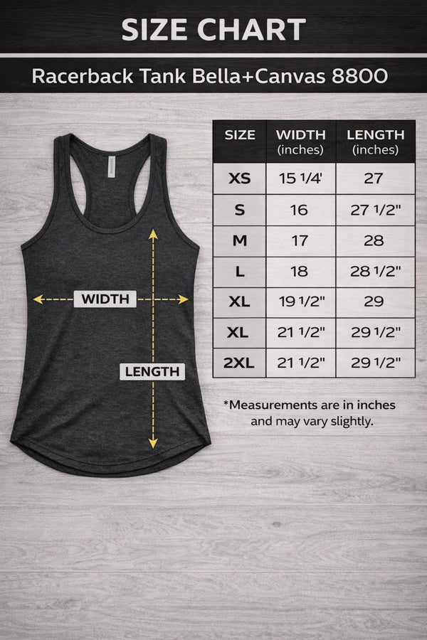 Size chart for the tank top featuring colorful retro flamingo graphic with Sun Sand Salad Zero Fcks Given summer vacation design against urban industrial background.