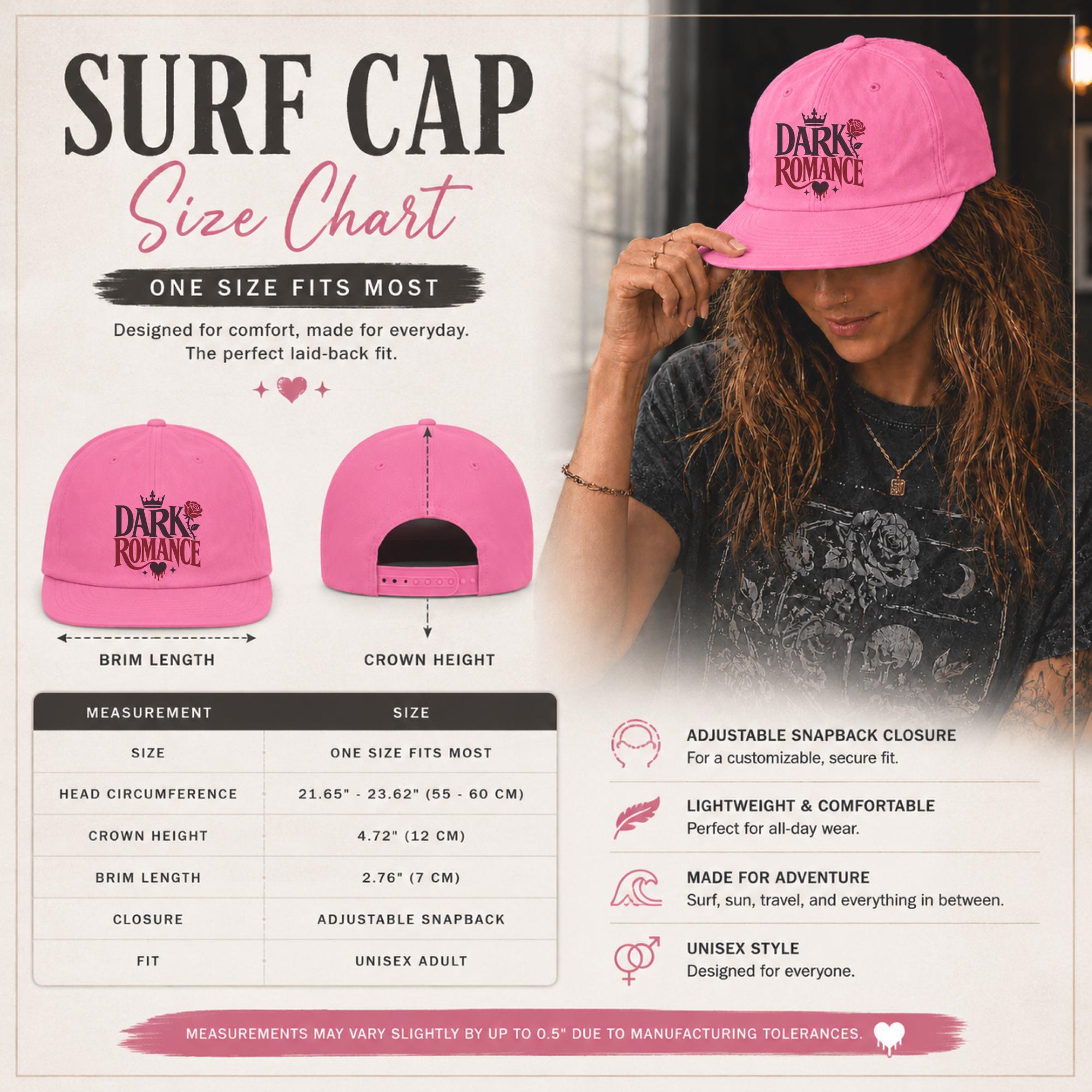 Size chart for the surf cap featuring a Dark Romance graphic with red rose detail, photographed in a moody bookish setting with dark academia aesthetic.