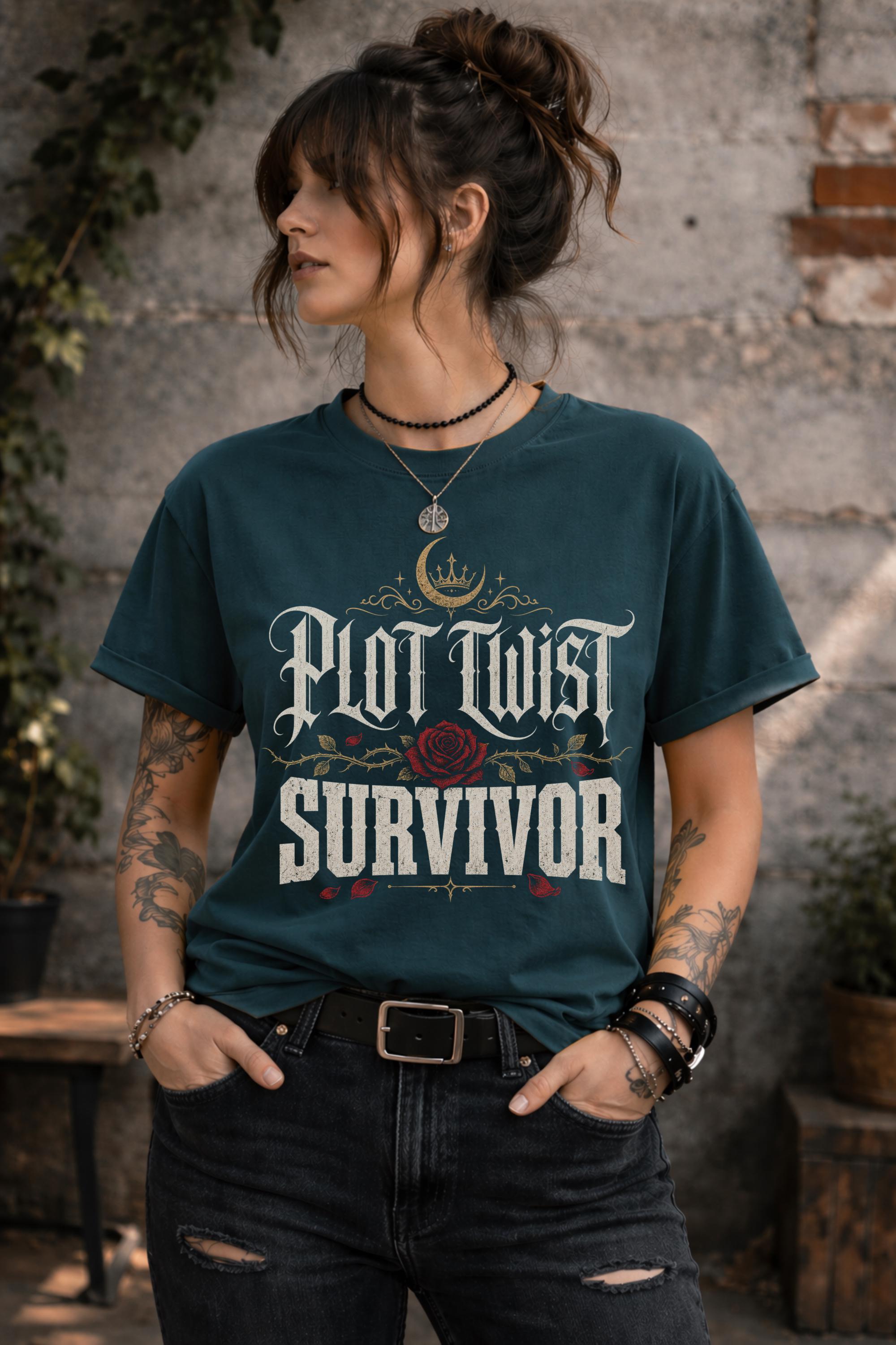 Woman wearing a graphic t-shirt featuring the phrase "Plot Twist Survivor" with gothic lettering, red rose artwork, and dark romance bookish aesthetic.