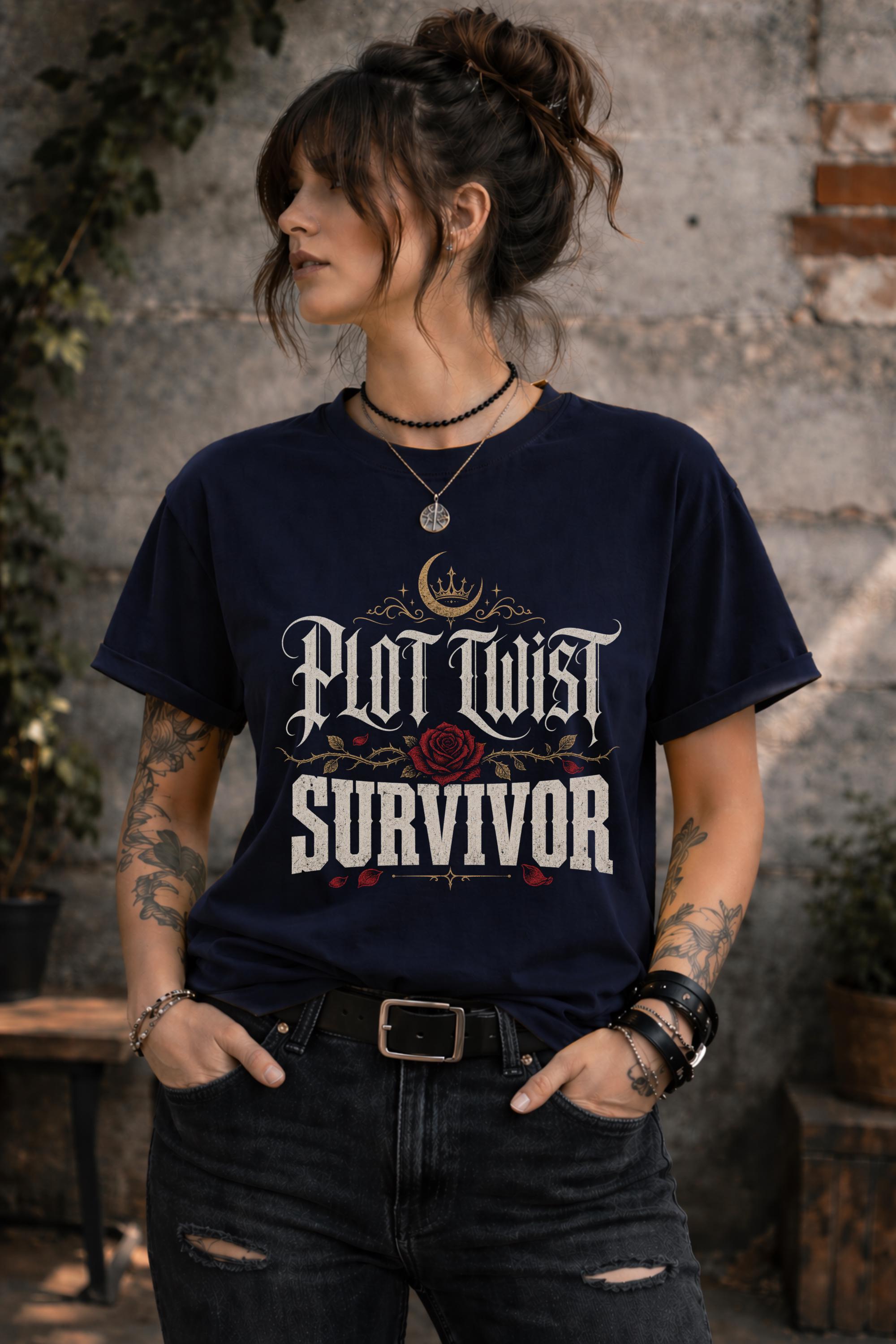 Woman wearing a graphic t-shirt featuring the phrase "Plot Twist Survivor" with gothic lettering, red rose artwork, and dark romance bookish aesthetic.