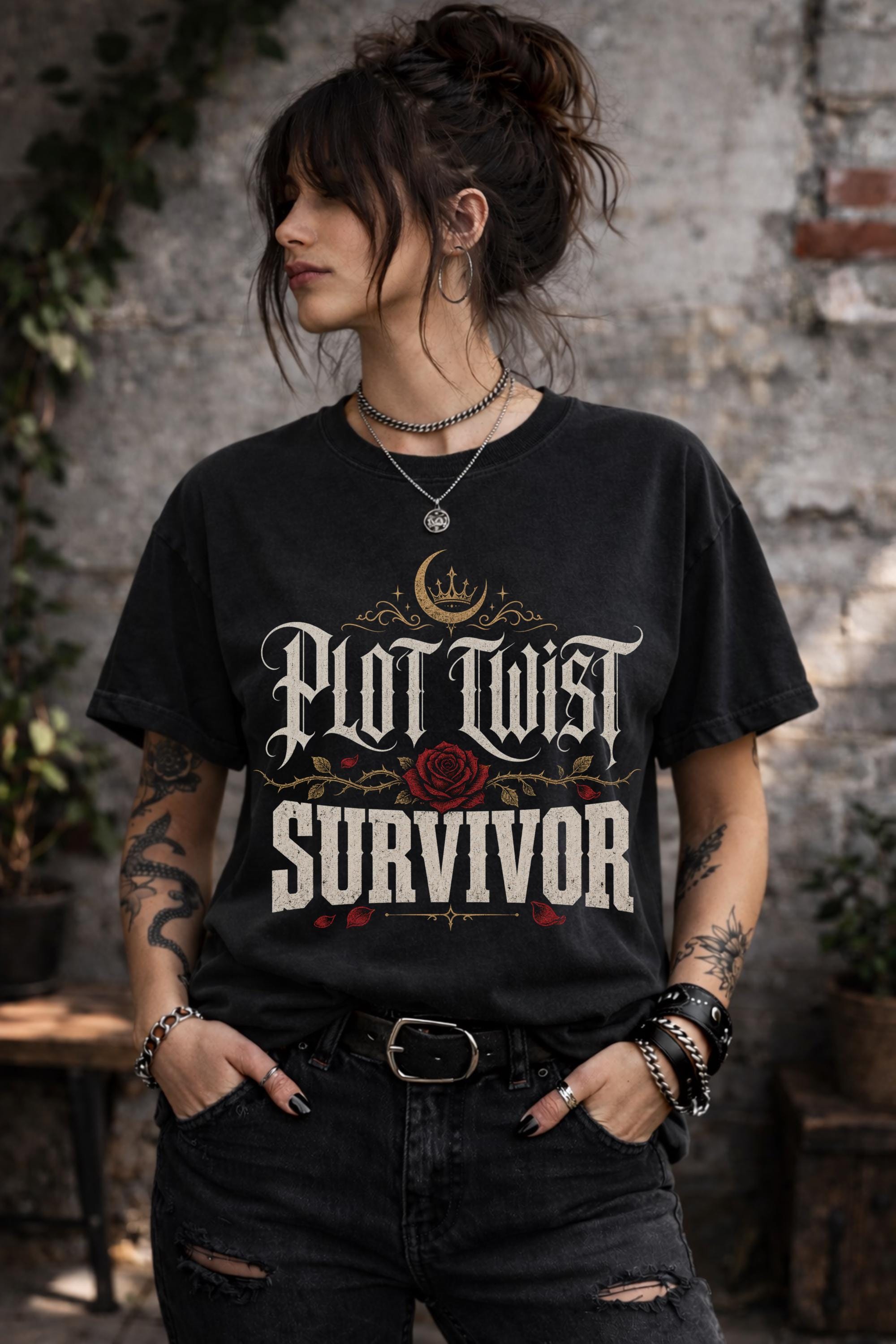 Woman wearing a black graphic t-shirt featuring the phrase "Plot Twist Survivor" with gothic lettering, red rose artwork, and dark romance bookish aesthetic.