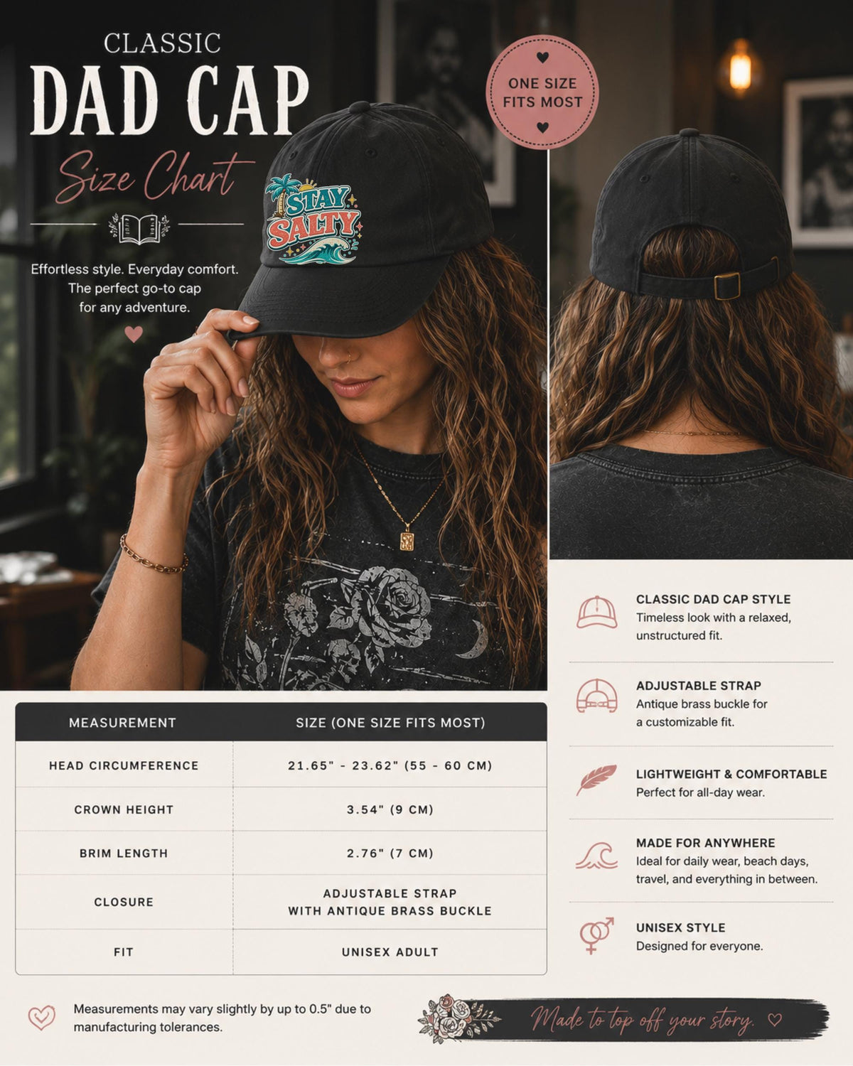 Classic Dad Cap size chart showing front and back of the adjustable one-size-fits-most fit with circumference range of 20.5 to 24.5 inches, crown height, visor length, and detailed measurement guide.