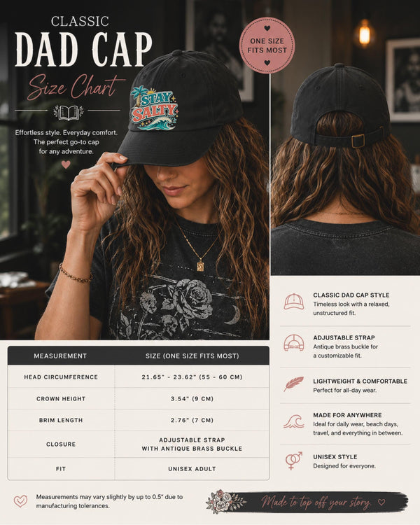 Classic Dad Cap size chart showing front and back of the adjustable one-size-fits-most fit with circumference range of 20.5 to 24.5 inches, crown height, visor length, and detailed measurement guide.