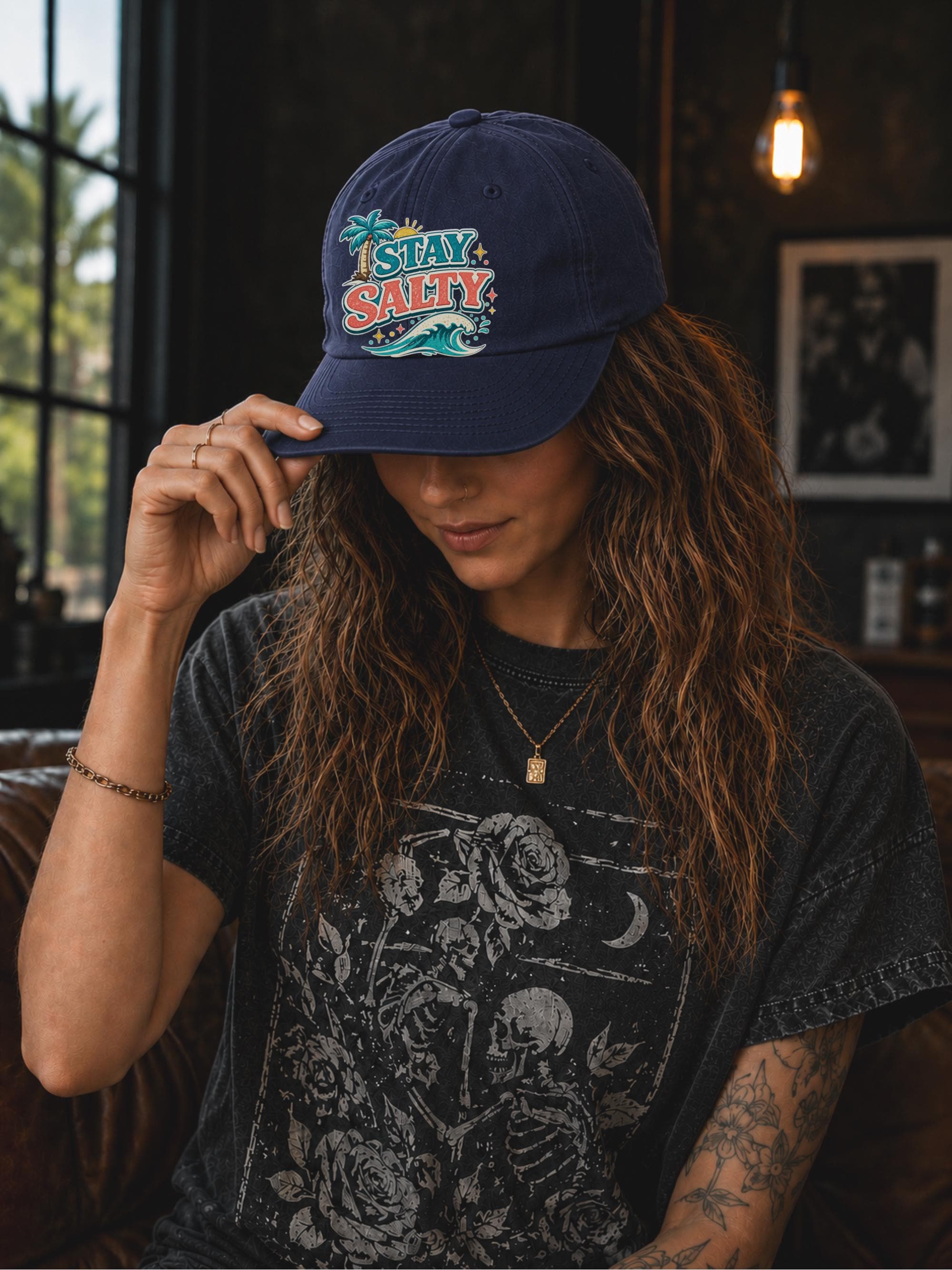 Ocean lover gift featuring Stay Salty palm tree graphic on comfortable everyday cap