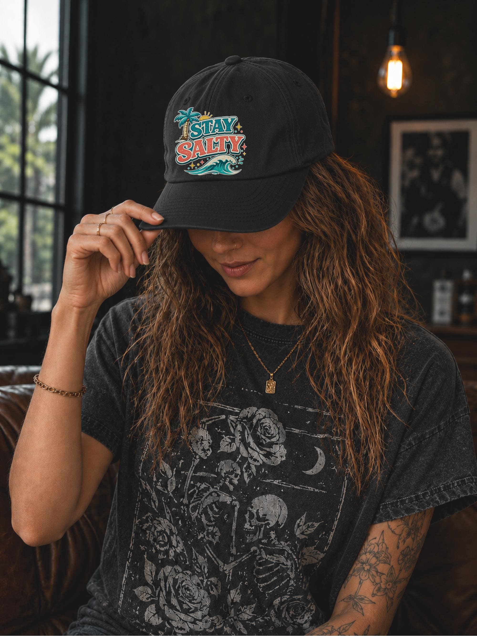 Unisex Stay Salty cap with vibrant coastal graphic ideal for ocean lovers and summer travel