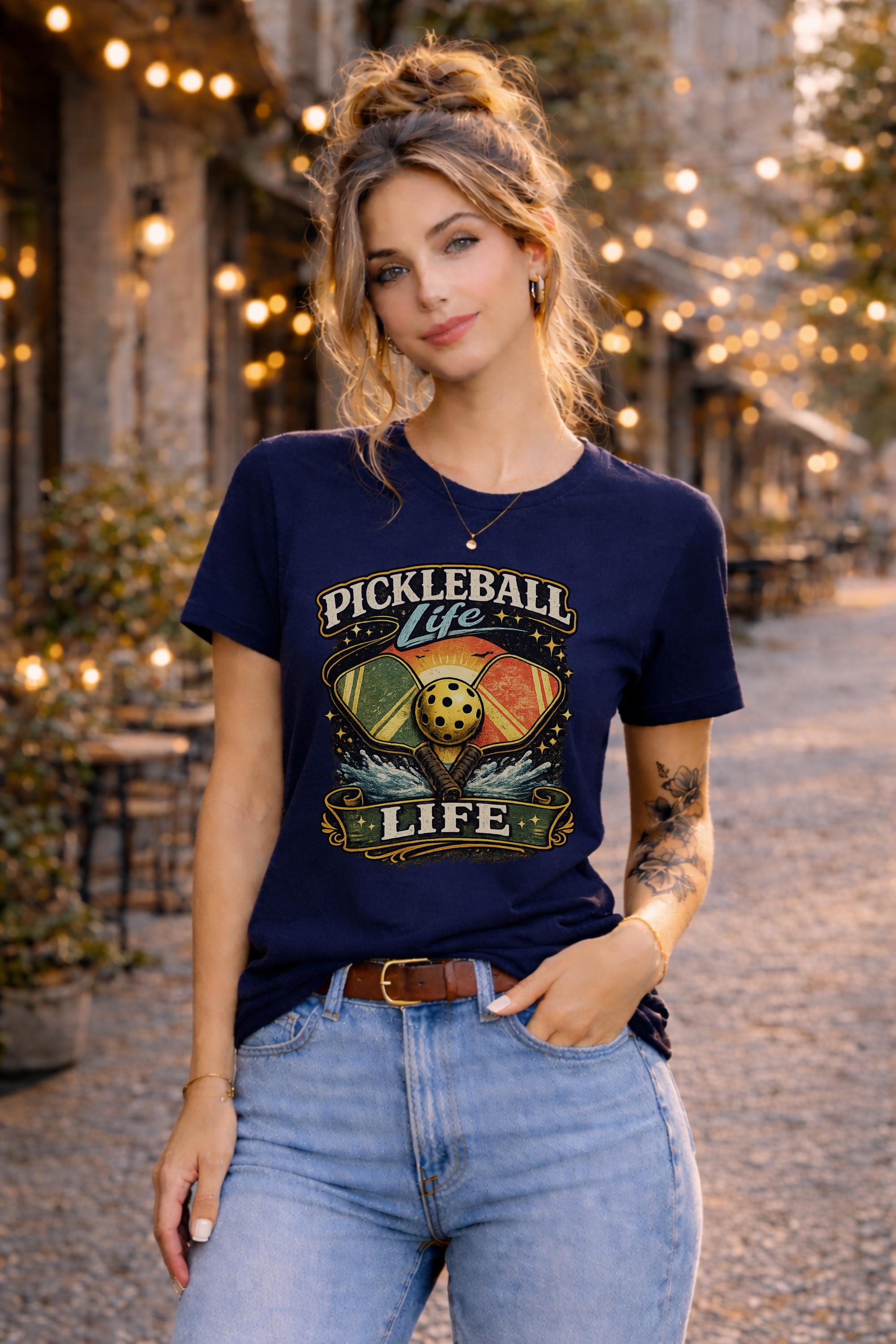Woman wearing a Pickleball Life graphic t-shirt featuring colorful retro paddles, pickleball artwork, and vintage sports design in an outdoor street setting with string lights.
