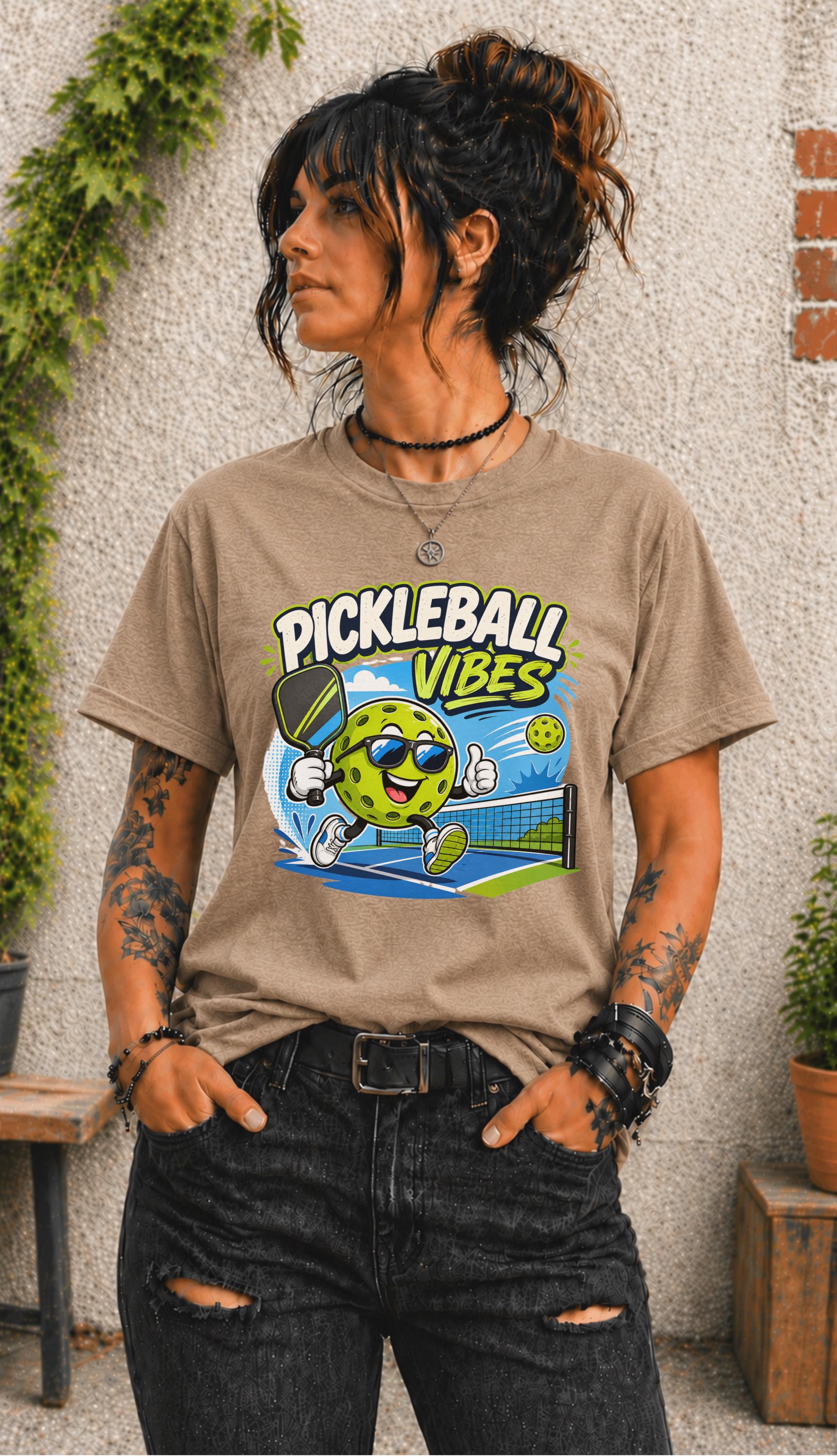Woman wearing a Pickleball Vibes graphic t-shirt featuring a smiling pickleball character with sunglasses, paddle artwork, and colorful court-themed design.