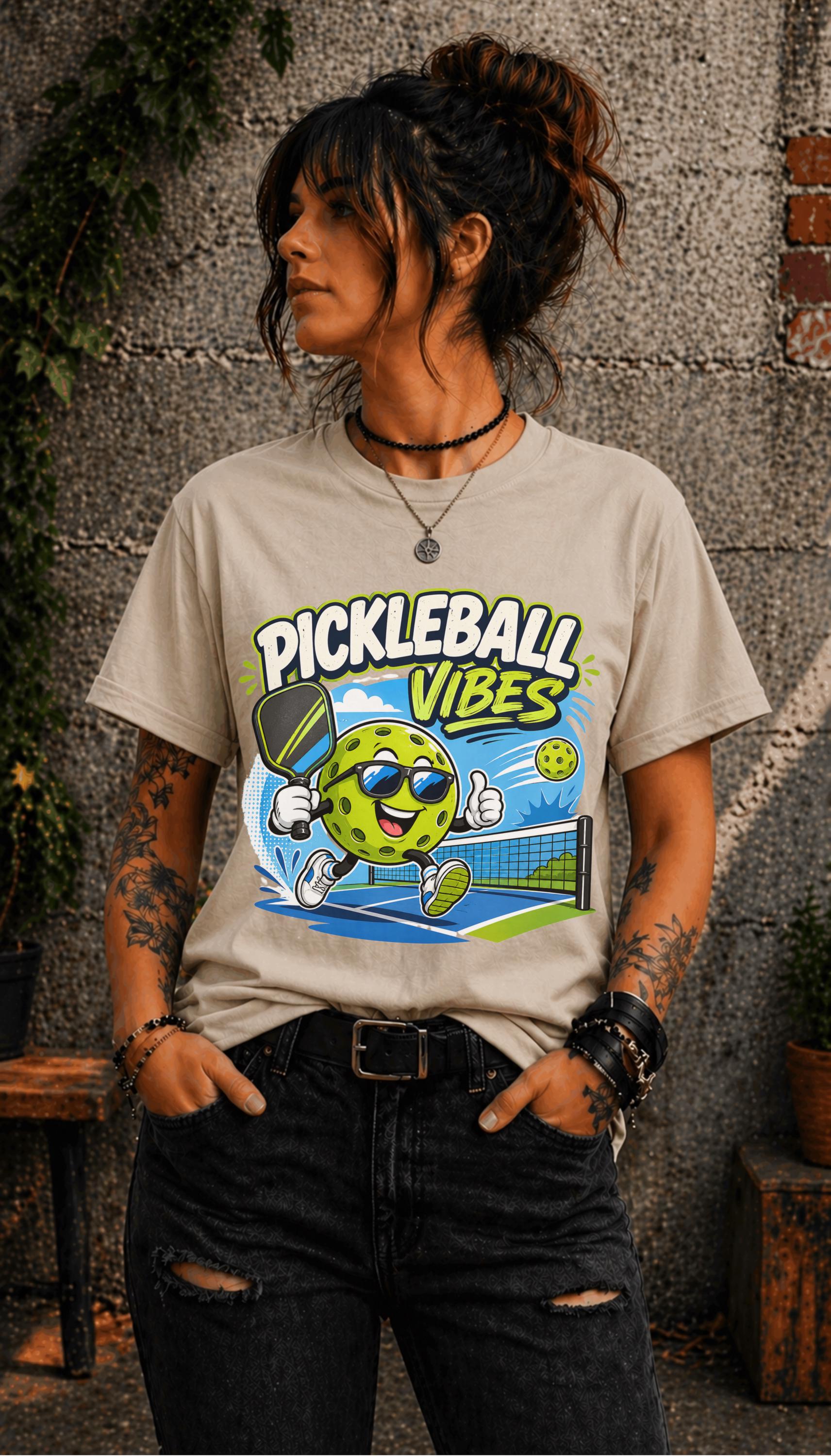 Woman wearing a Pickleball Vibes graphic t-shirt featuring a smiling pickleball character with sunglasses, paddle artwork, and colorful court-themed design.