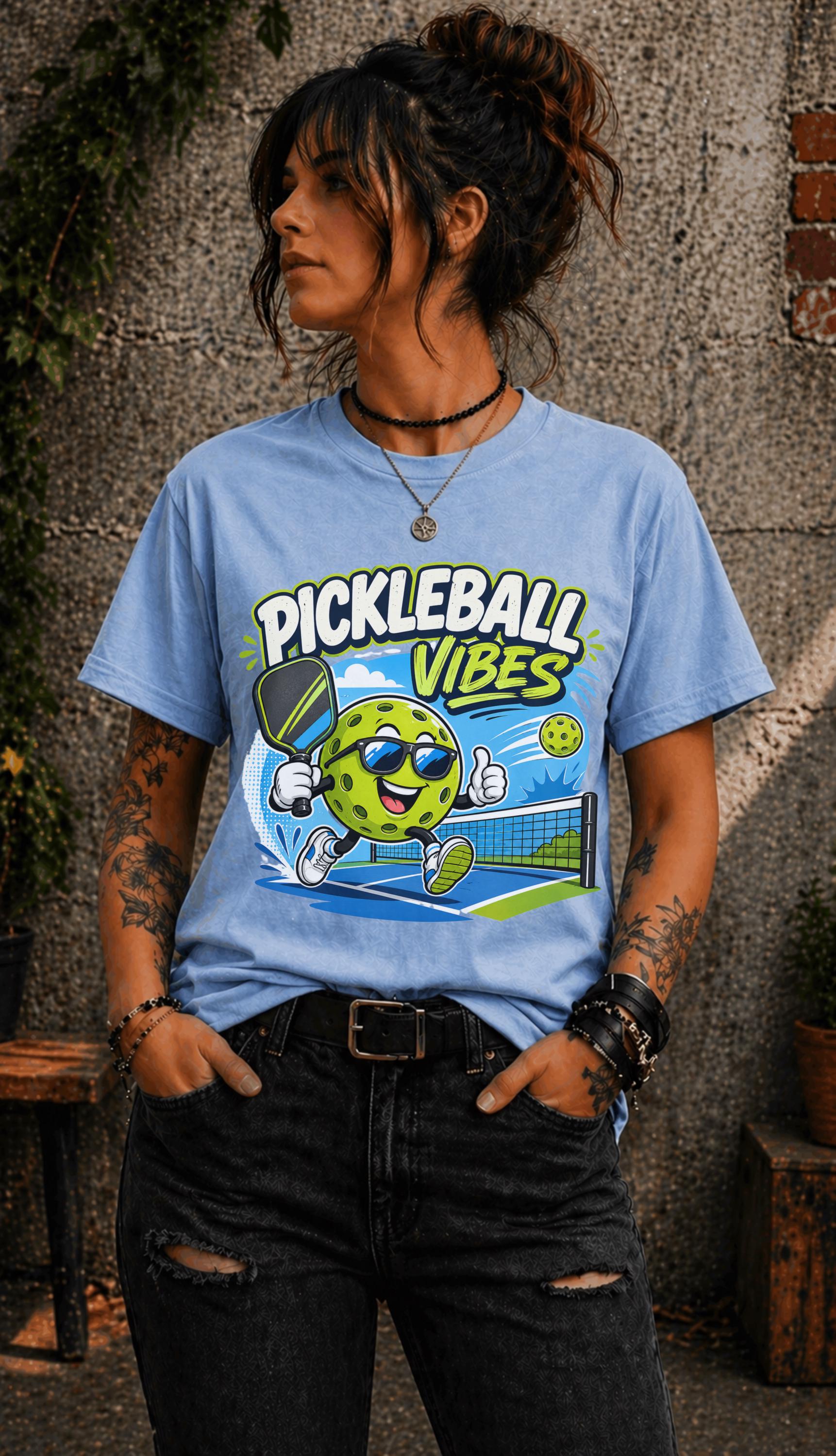 Woman wearing a Pickleball Vibes graphic t-shirt featuring a smiling pickleball character with sunglasses, paddle artwork, and colorful court-themed design.