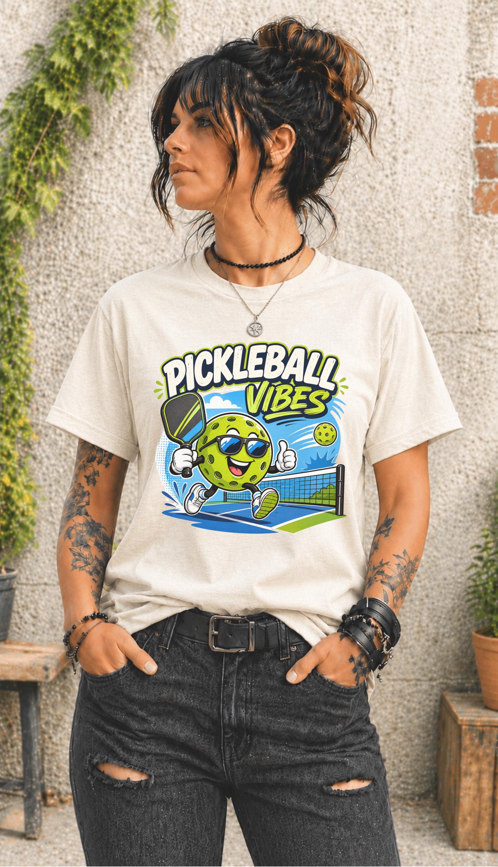 Woman wearing a Pickleball Vibes graphic t-shirt featuring a smiling pickleball character with sunglasses, paddle artwork, and colorful court-themed design.