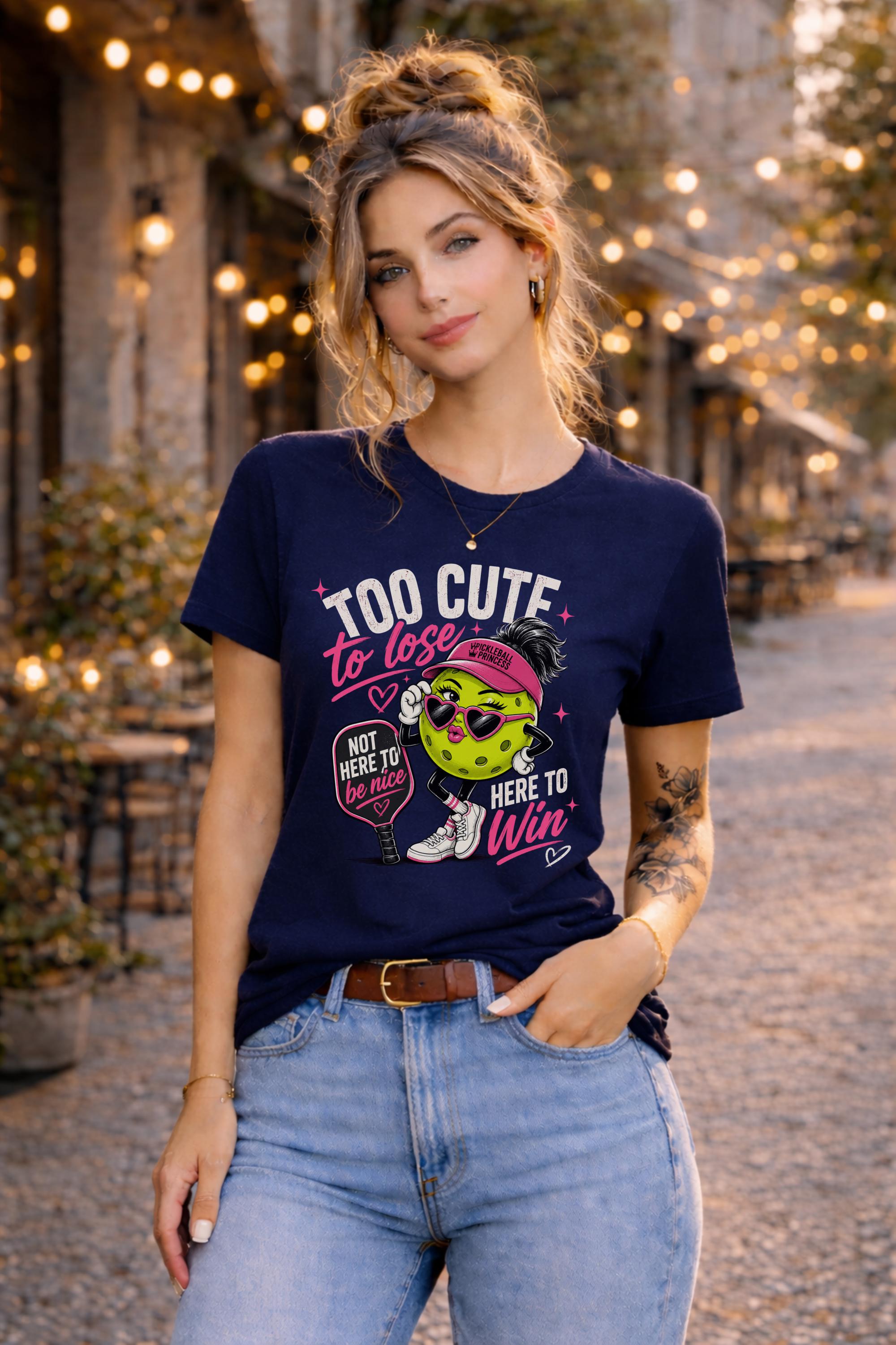 Woman wearing a Too Cute To Lose pickleball graphic t-shirt featuring a stylish pickleball character with heart sunglasses, pink visor, paddle artwork, and playful court-inspired design.