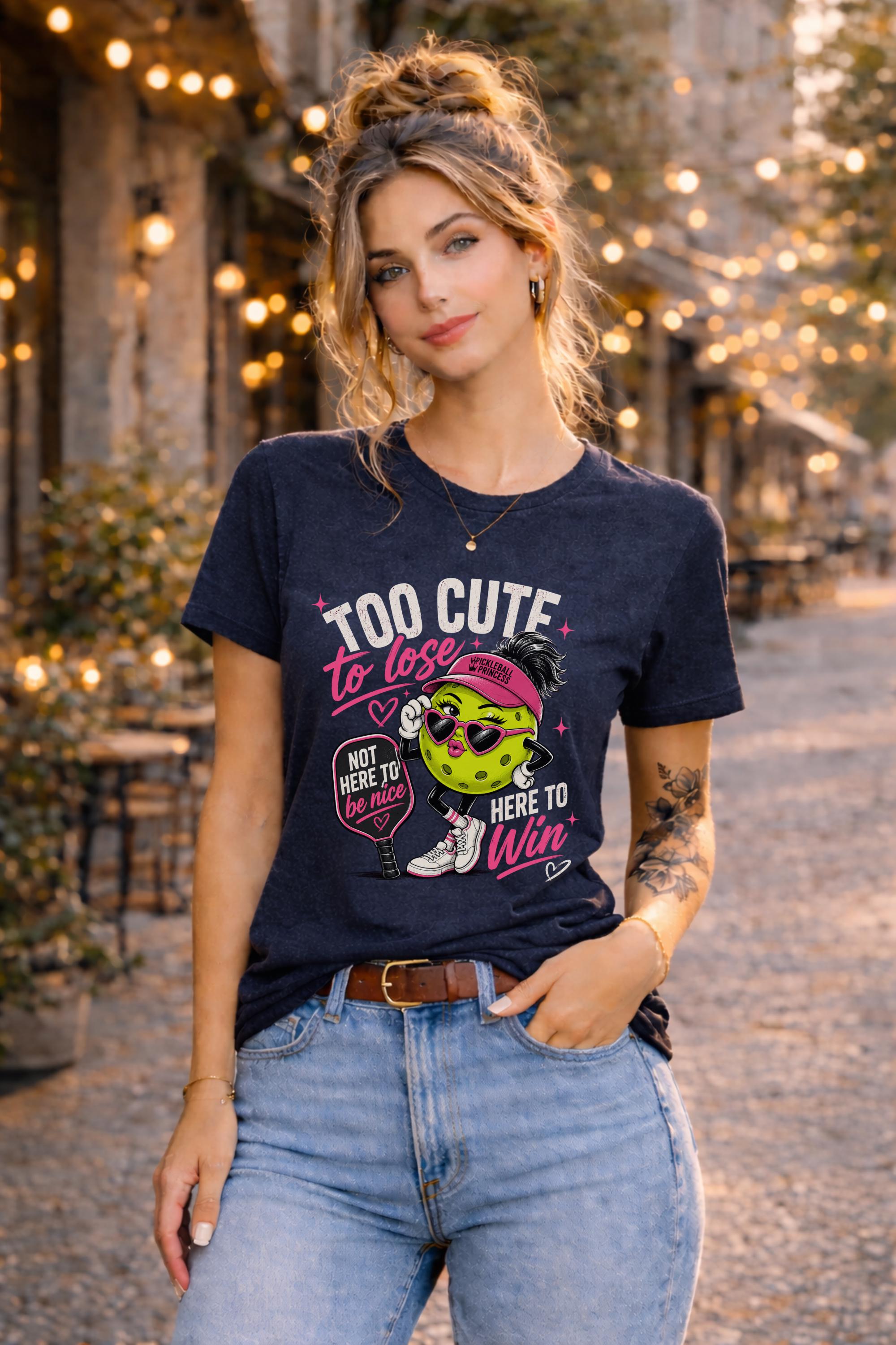 Woman wearing a Too Cute To Lose pickleball graphic t-shirt featuring a stylish pickleball character with heart sunglasses, pink visor, paddle artwork, and playful court-inspired design.