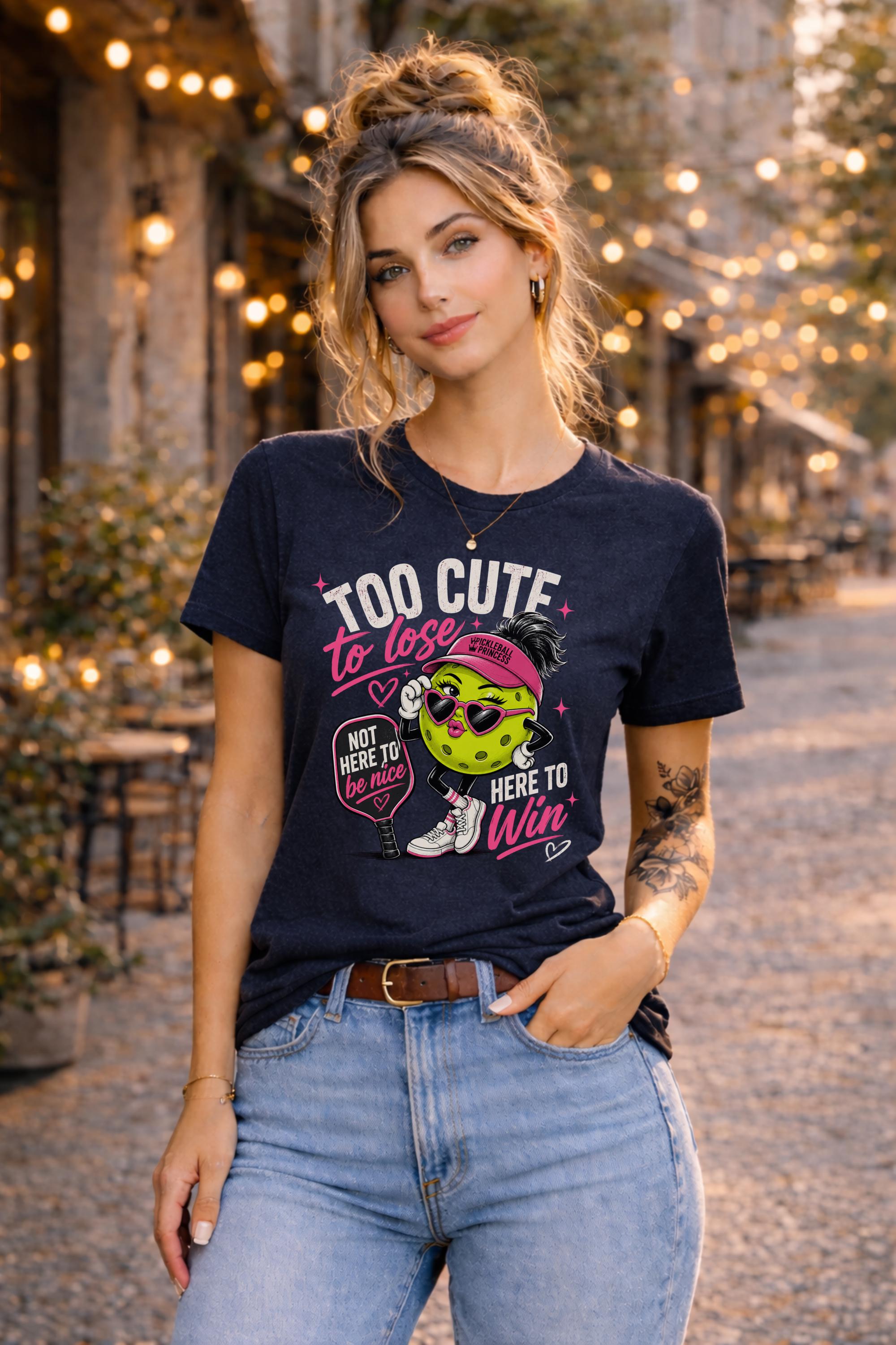 Woman wearing a Too Cute To Lose pickleball graphic t-shirt featuring a stylish pickleball character with heart sunglasses, pink visor, paddle artwork, and playful court-inspired design.