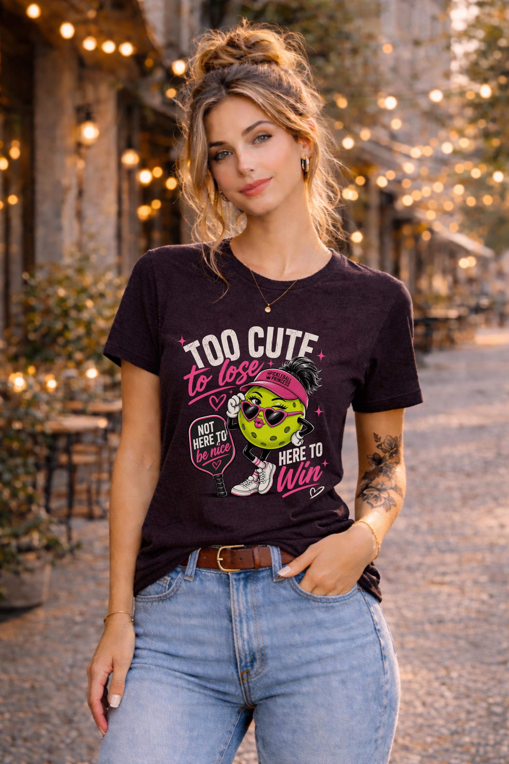 Woman wearing a Too Cute To Lose pickleball graphic t-shirt featuring a stylish pickleball character with heart sunglasses, pink visor, paddle artwork, and playful court-inspired design.
