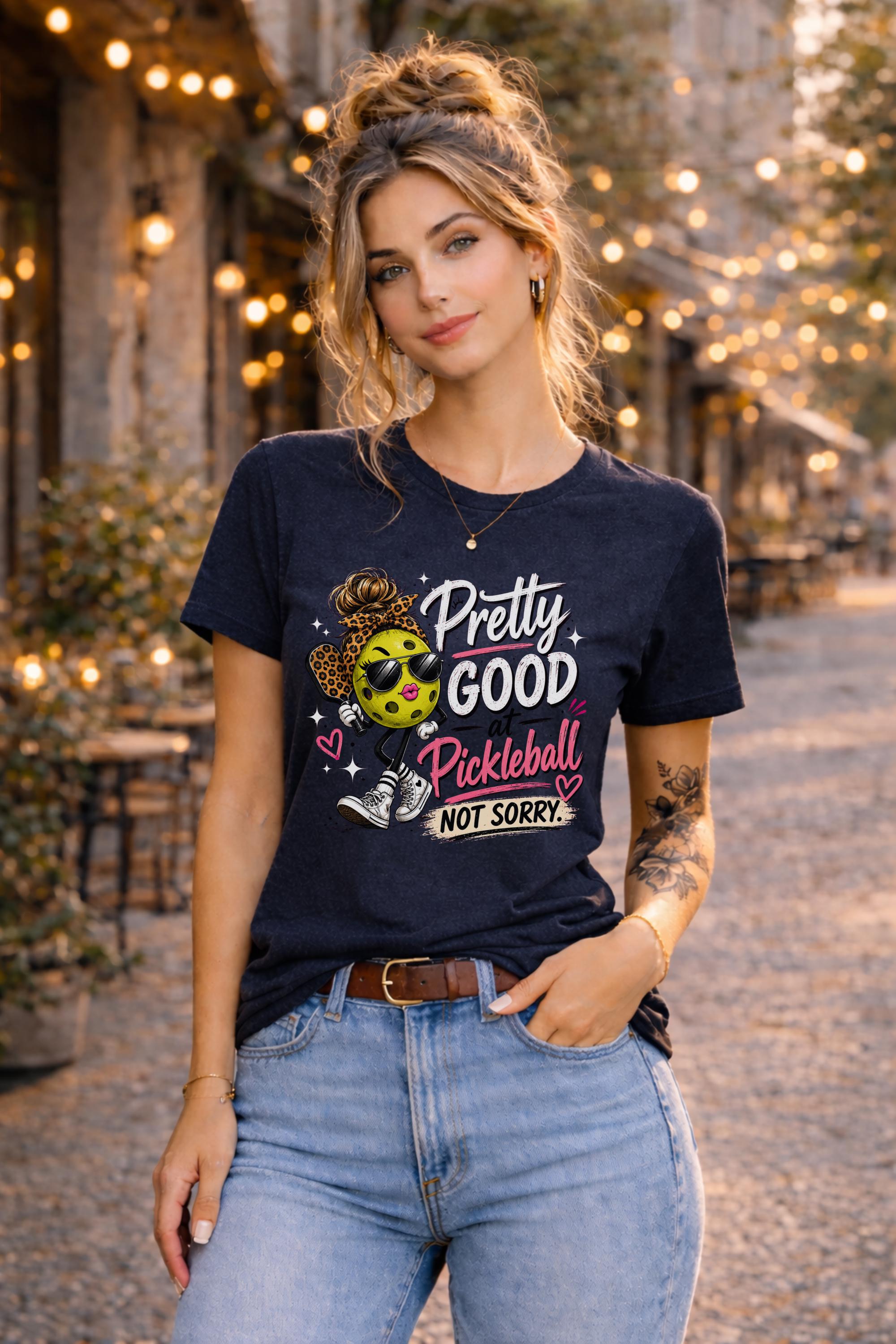Woman wearing a pickleball graphic t-shirt featuring a stylish pickleball character with sunglasses, leopard-print bow, and the phrase "Pretty Good At Pickleball Not Sorry" in pink and white lettering.
