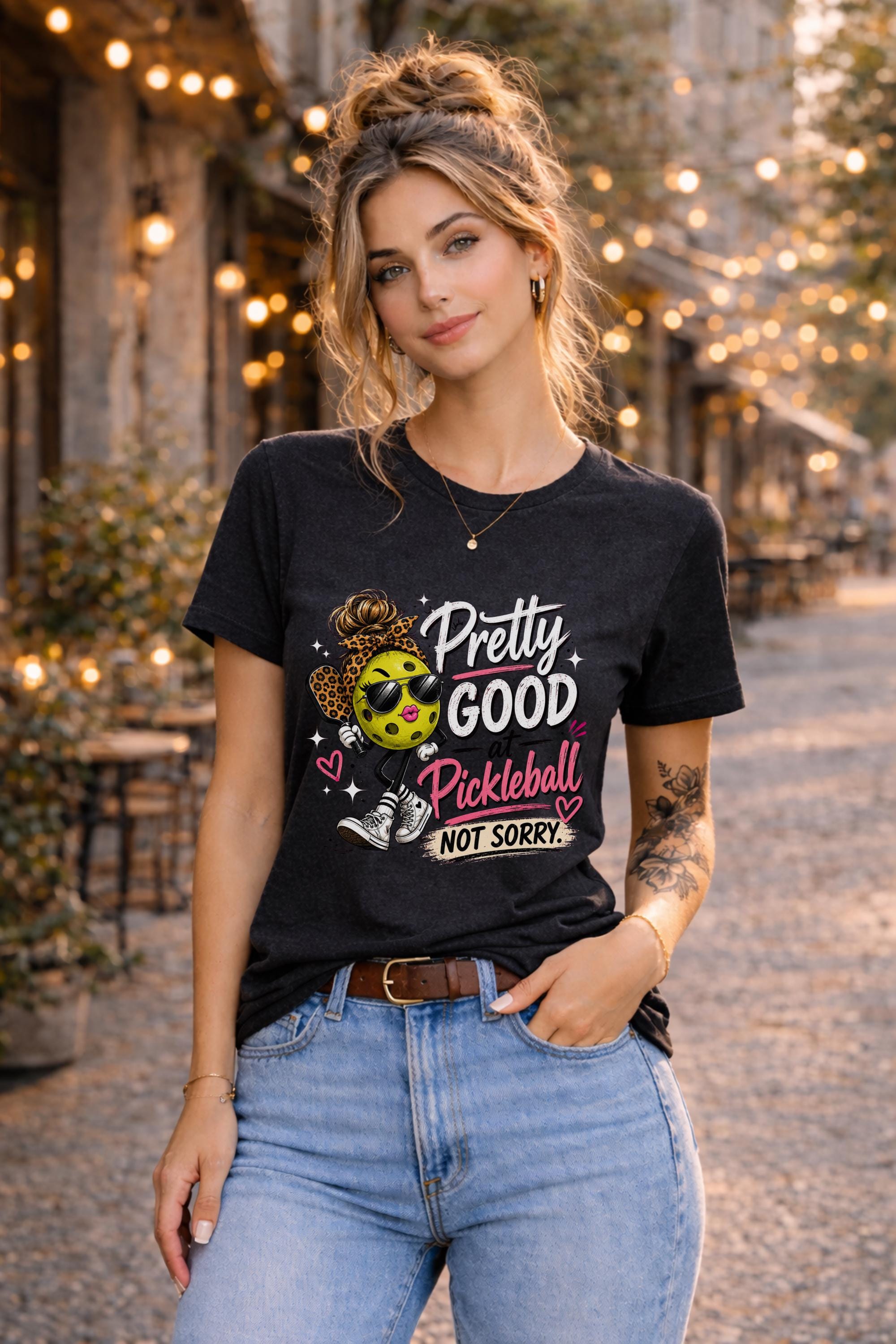 Woman wearing a pickleball graphic t-shirt featuring a stylish pickleball character with sunglasses, leopard-print bow, and the phrase "Pretty Good At Pickleball Not Sorry" in pink and white lettering.