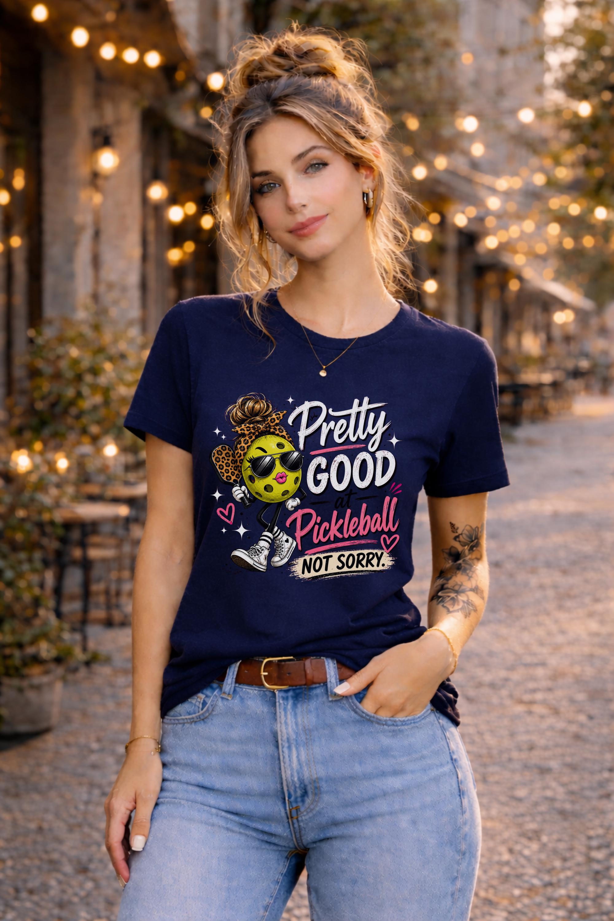 Woman wearing a pickleball graphic t-shirt featuring a stylish pickleball character with sunglasses, leopard-print bow, and the phrase "Pretty Good At Pickleball Not Sorry" in pink and white lettering.