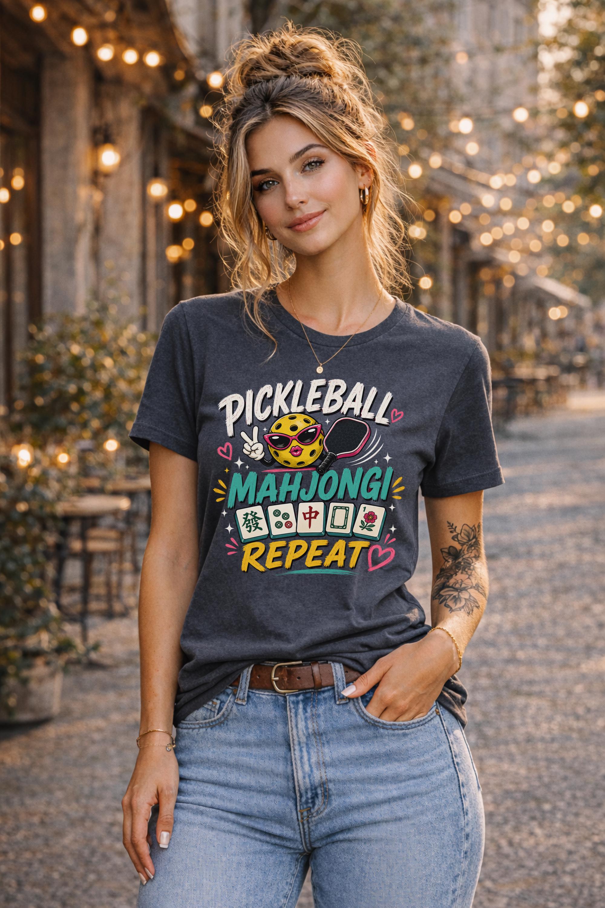 Woman wearing a graphic t-shirt featuring a colorful "Pickleball Mahjong Repeat" design with pickleball character, mahjong tiles, hearts, and retro-inspired artwork.