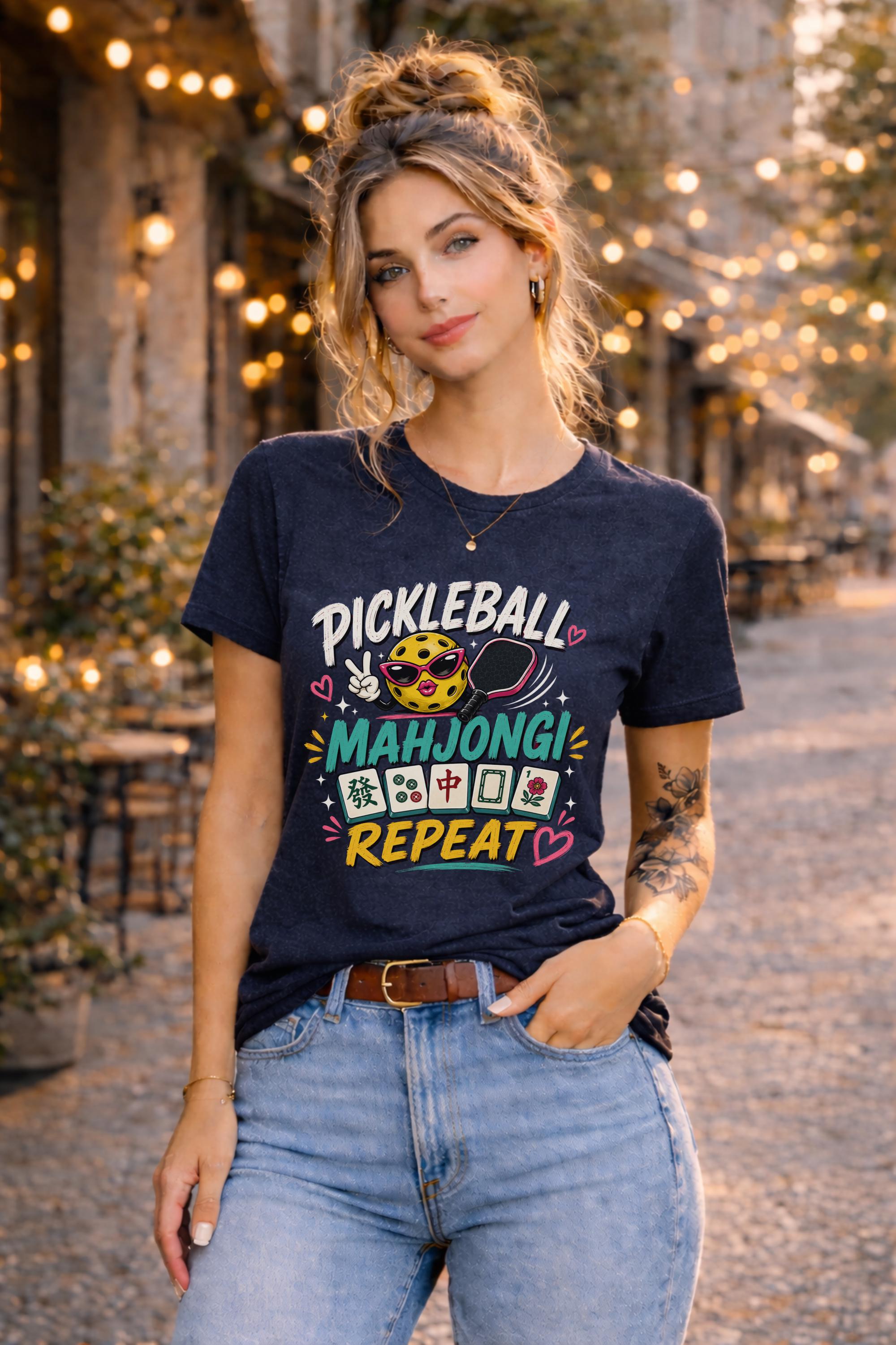 Woman wearing a graphic t-shirt featuring a colorful "Pickleball Mahjong Repeat" design with pickleball character, mahjong tiles, hearts, and retro-inspired artwork.
