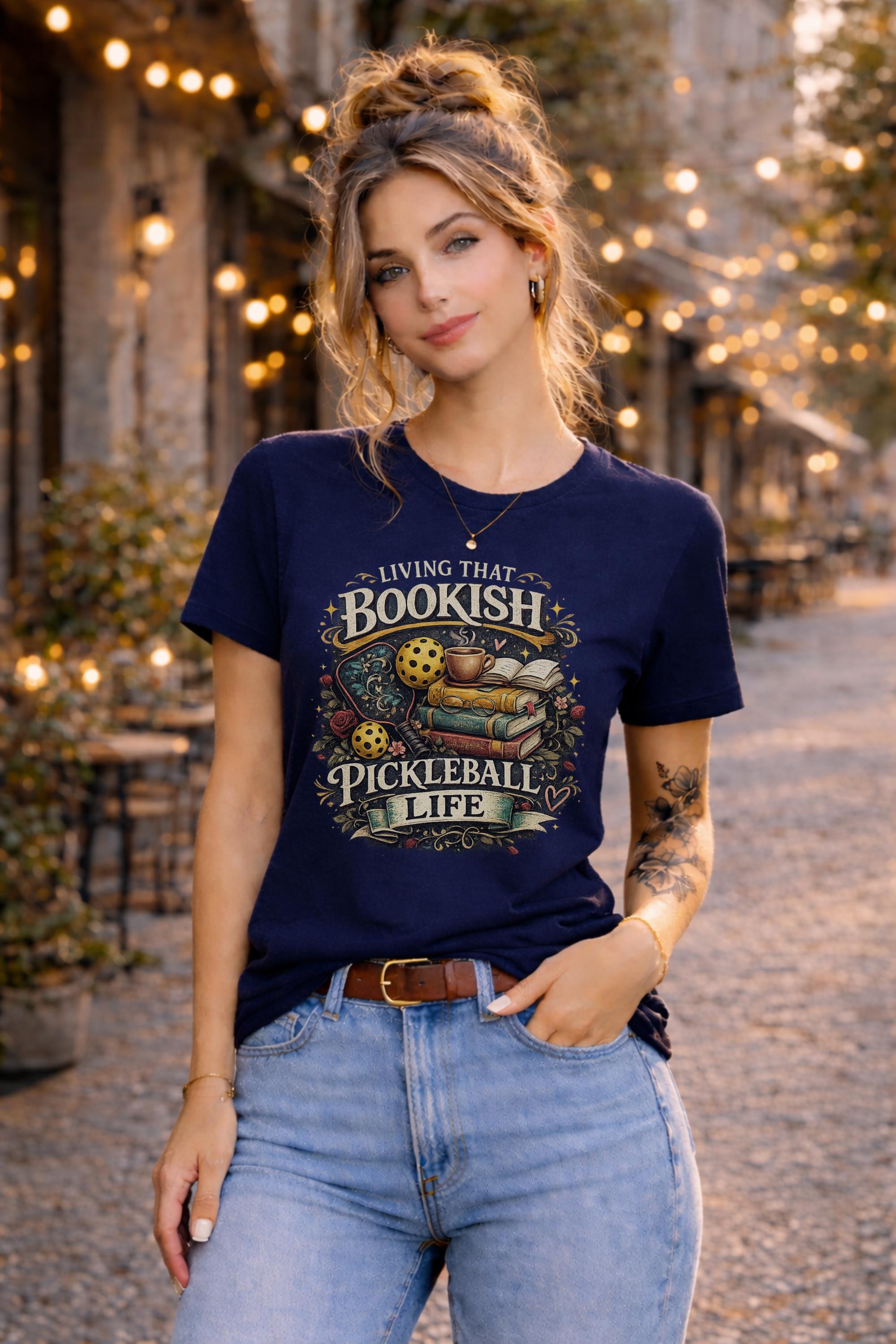 Woman wearing a graphic t-shirt featuring a Living That Bookish Pickleball Life design with books, coffee cup, pickleball paddles, floral accents, and vintage-inspired artwork.