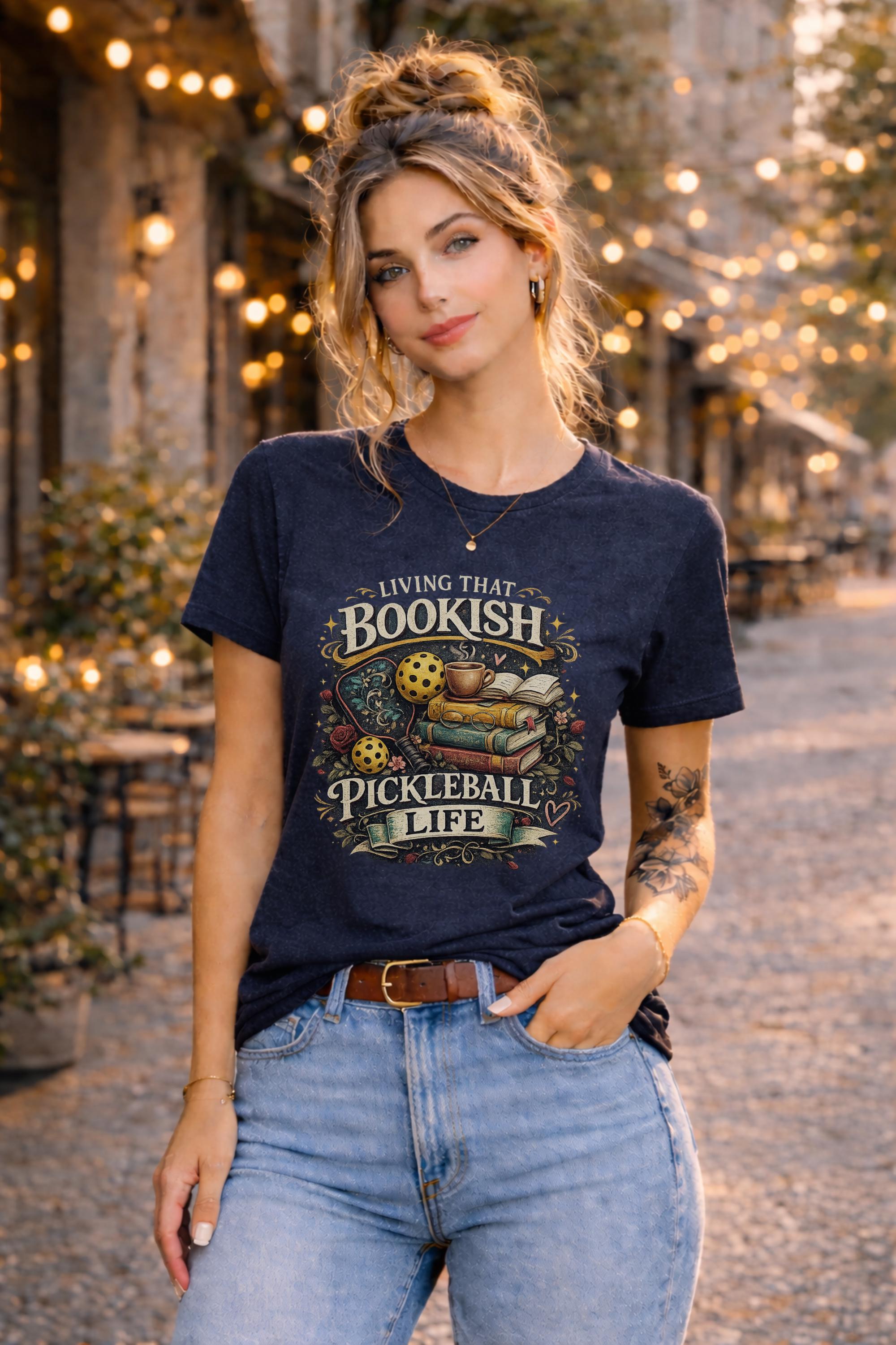 Woman wearing a graphic t-shirt featuring a Living That Bookish Pickleball Life design with books, coffee cup, pickleball paddles, floral accents, and vintage-inspired artwork.