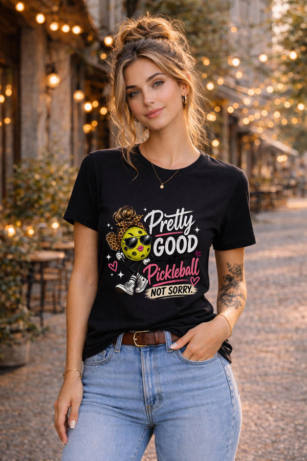 Woman wearing a black pickleball graphic t-shirt featuring a stylish pickleball character with sunglasses, leopard-print bow, and the phrase "Pretty Good At Pickleball Not Sorry" in pink and white lettering.
