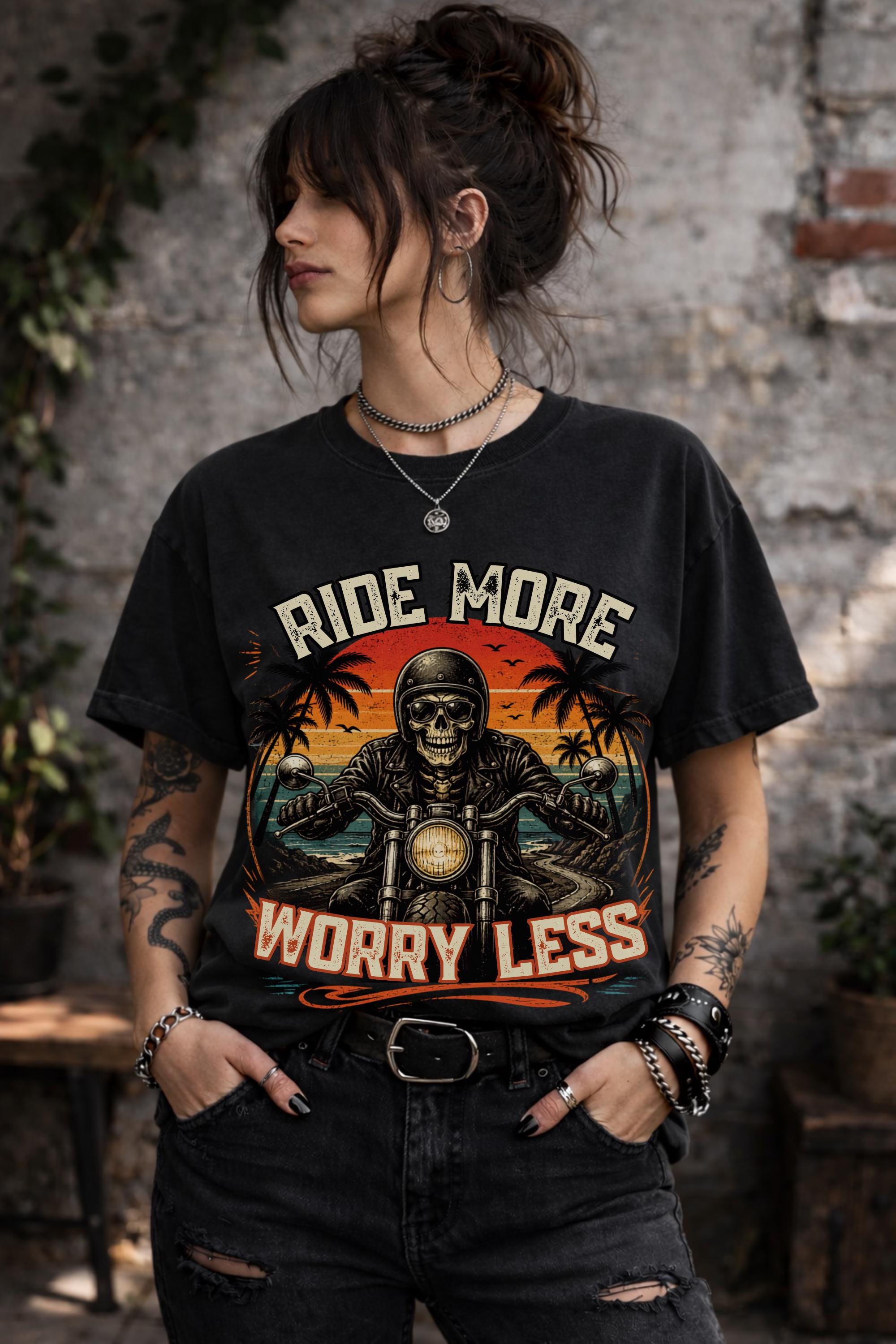 ride more worry less shirt, motorcycle rider tee, biker skull graphic, vintage biker shirt, motorcycle gift, road trip apparel, harley rider top, freedom rider tee, biker lifestyle shirt, retro motorcycle design, skull biker graphic, rider gift idea, comfort colors biker tee