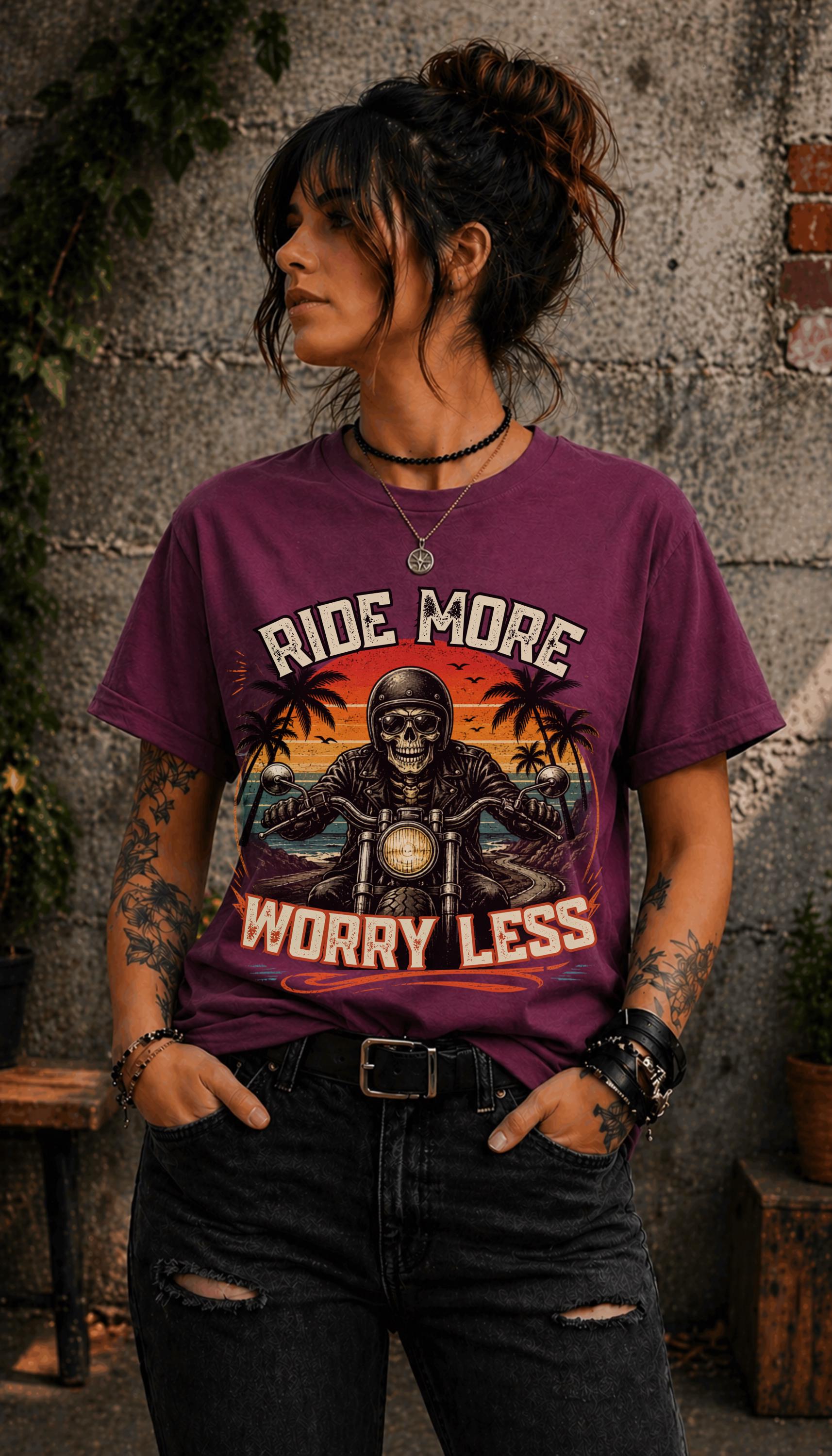 ride more worry less shirt, motorcycle rider tee, biker skull graphic, vintage biker shirt, motorcycle gift, road trip apparel, harley rider top, freedom rider tee, biker lifestyle shirt, retro motorcycle design, skull biker graphic, rider gift idea, comfort colors biker tee