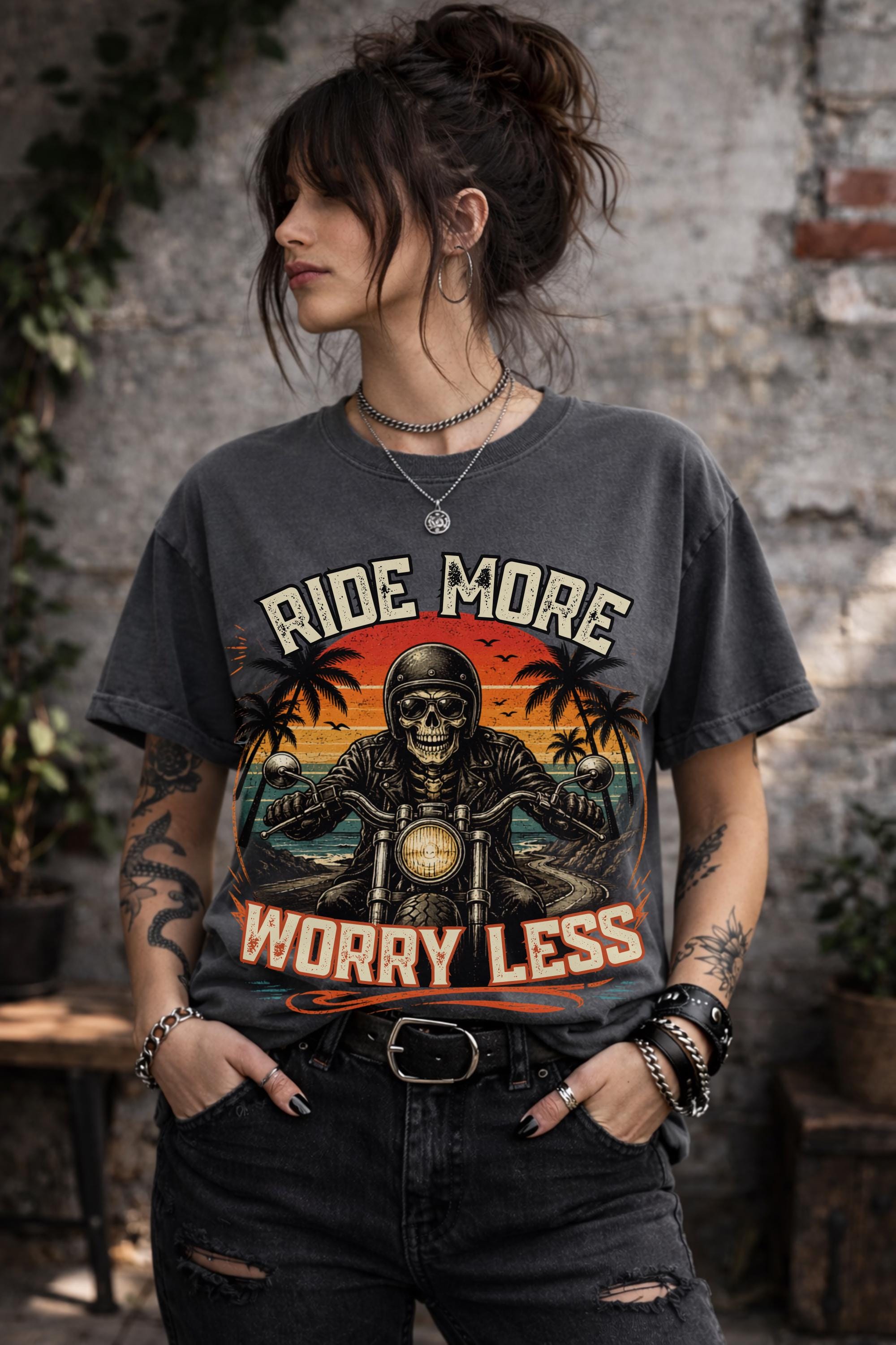 ride more worry less shirt, motorcycle rider tee, biker skull graphic, vintage biker shirt, motorcycle gift, road trip apparel, harley rider top, freedom rider tee, biker lifestyle shirt, retro motorcycle design, skull biker graphic, rider gift idea, comfort colors biker tee
