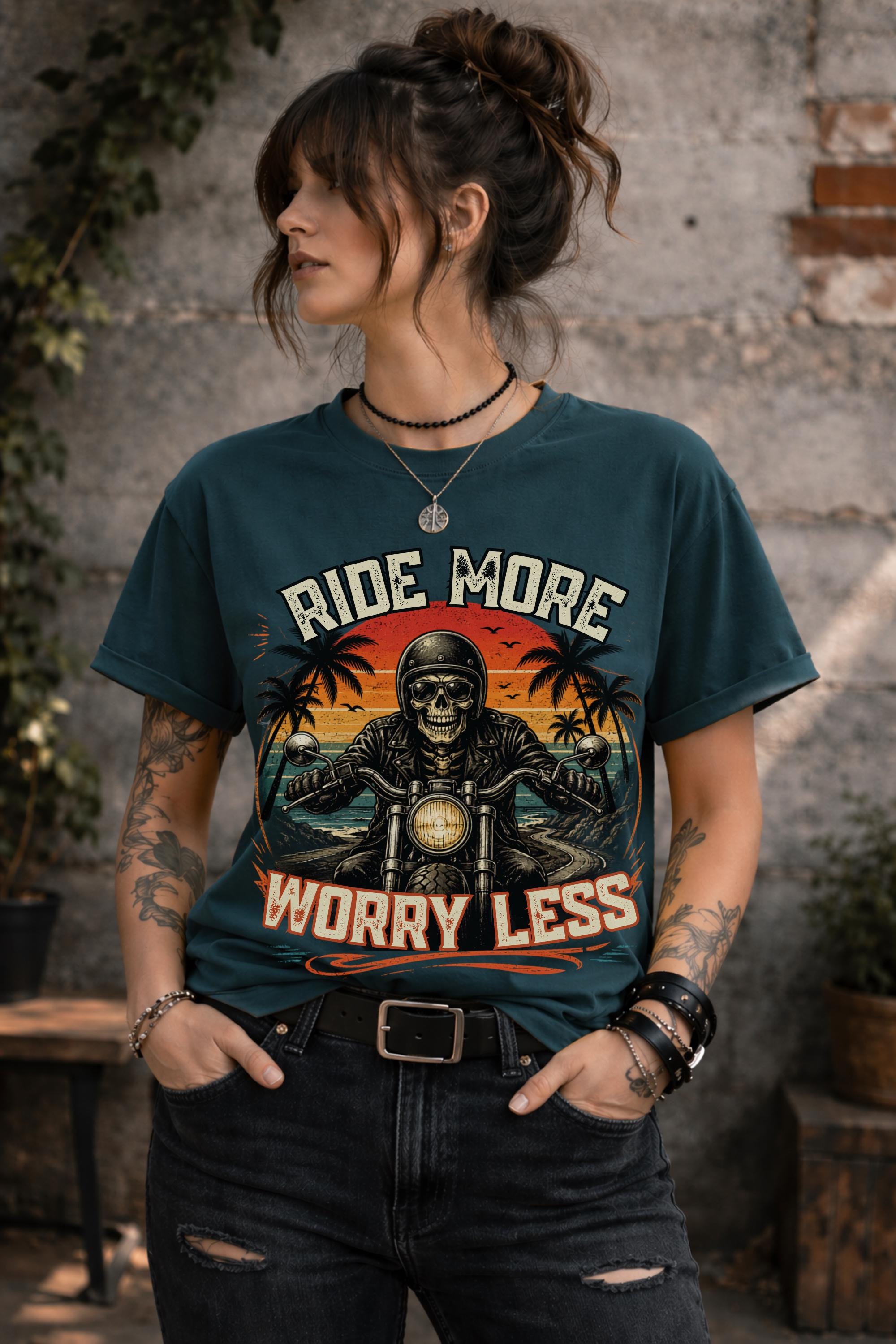 ride more worry less shirt, motorcycle rider tee, biker skull graphic, vintage biker shirt, motorcycle gift, road trip apparel, harley rider top, freedom rider tee, biker lifestyle shirt, retro motorcycle design, skull biker graphic, rider gift idea, comfort colors biker tee