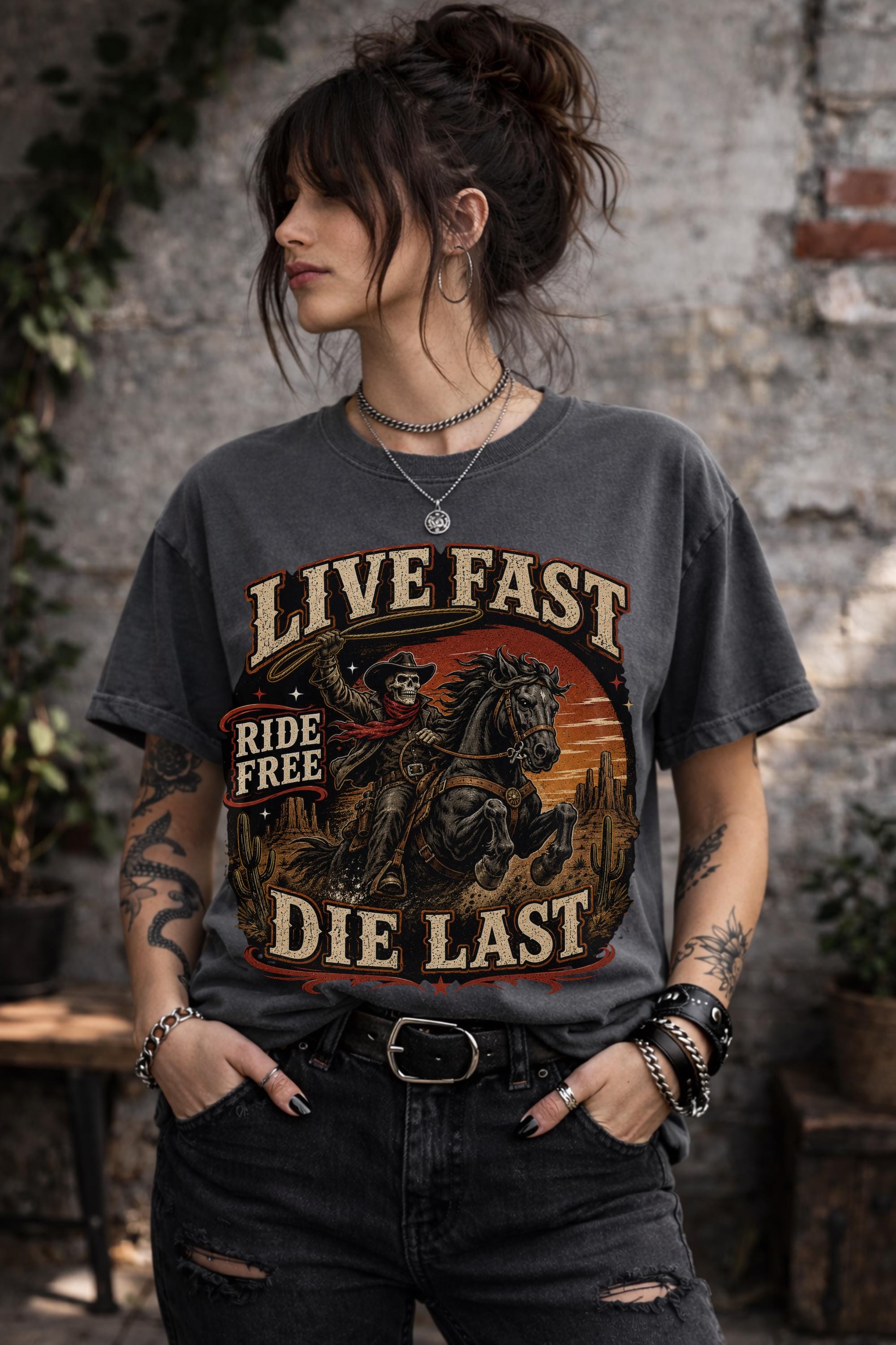 live fast die last shirt, skeleton cowboy tee, western rider shirt, outlaw graphic tee, cowboy skull design, rodeo apparel, country music shirt, horse lover gift, western fashion top, desert sunset graphic, ranch lifestyle tee, vintage outlaw shirt, comfort colors western tee